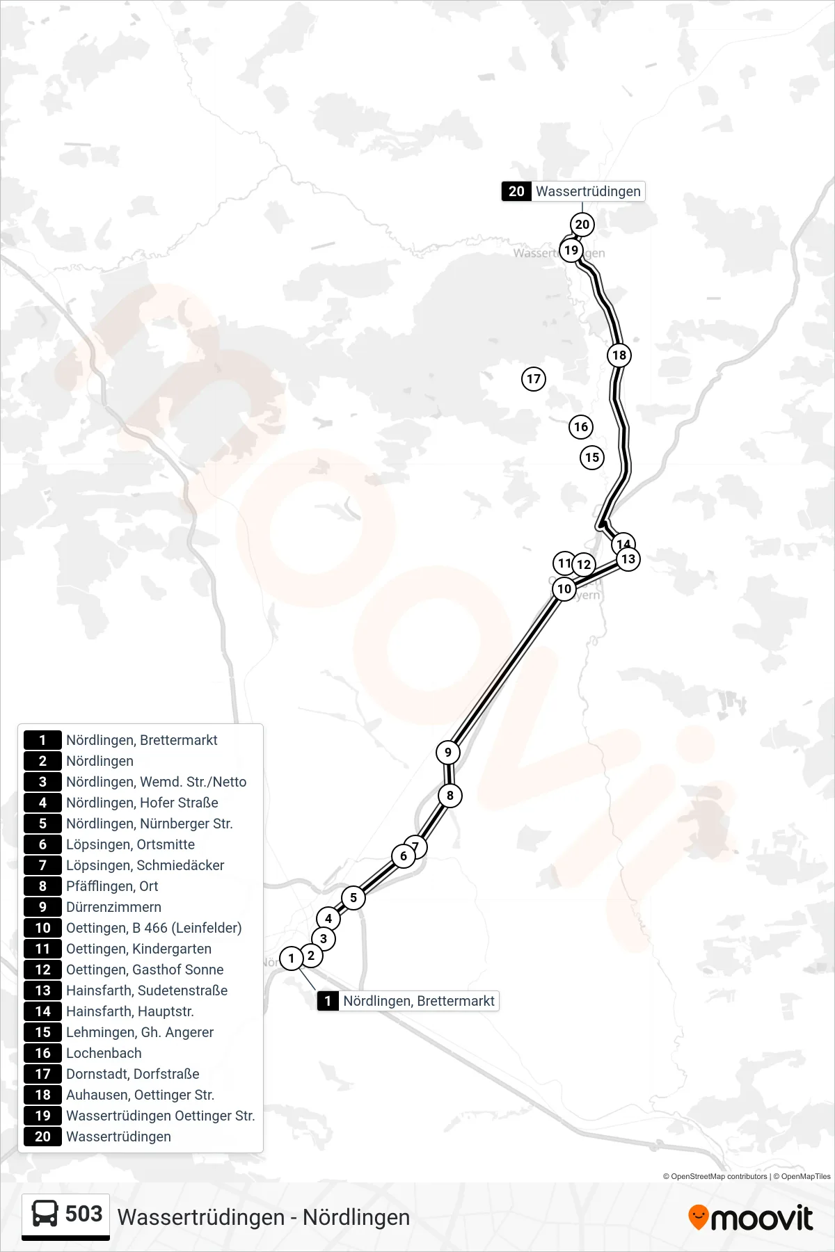 503 bus Line (Wassertrüdingen) route and stops on a map