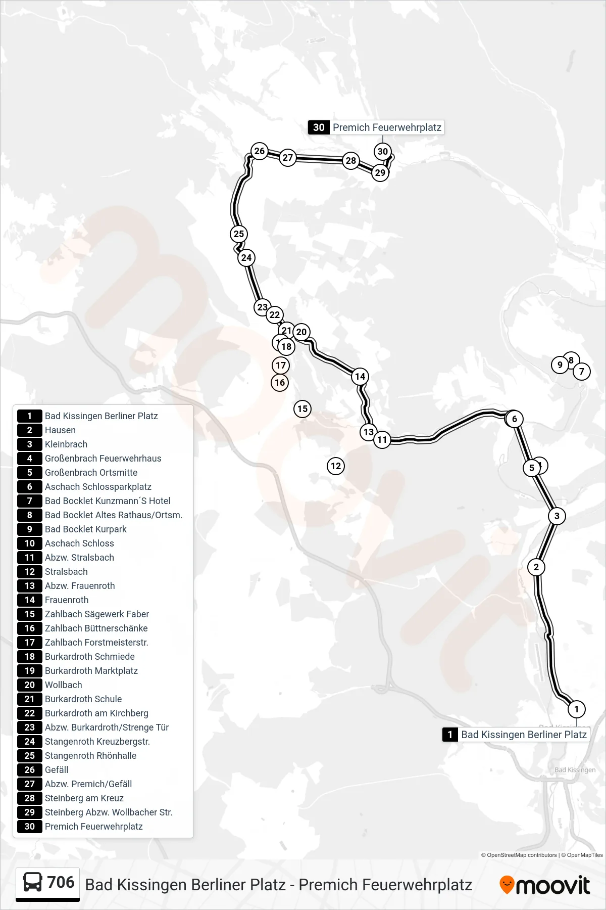 706 bus Line (Premich) route and stops on a map