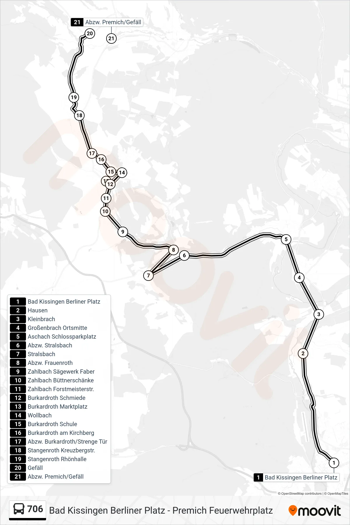 Linie 706 (Bus) Richtung Gefäll: Route und Haltestellen auf der Karte