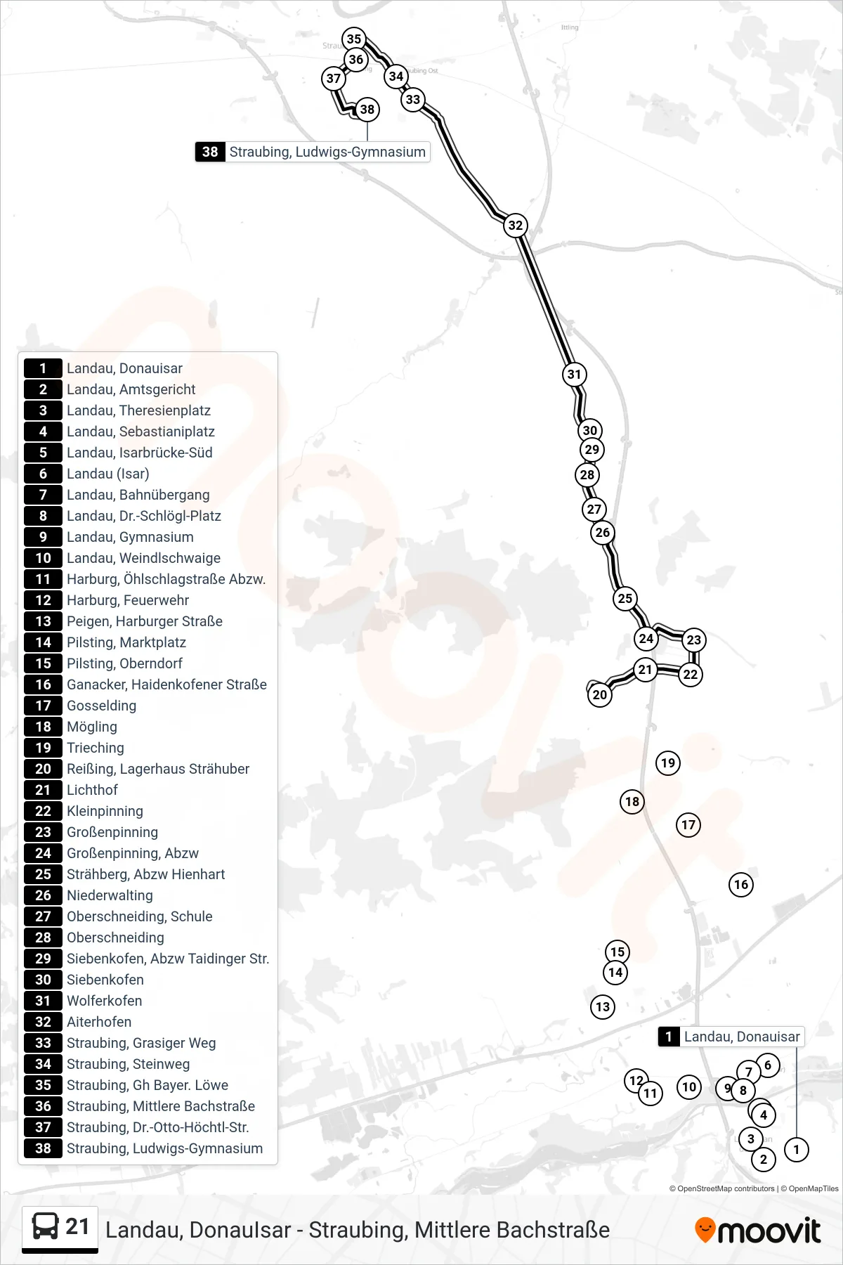 Linie 21 (Bus) Richtung Straubing; Ludwigs-Gymnasium: Route und Haltestellen auf der Karte