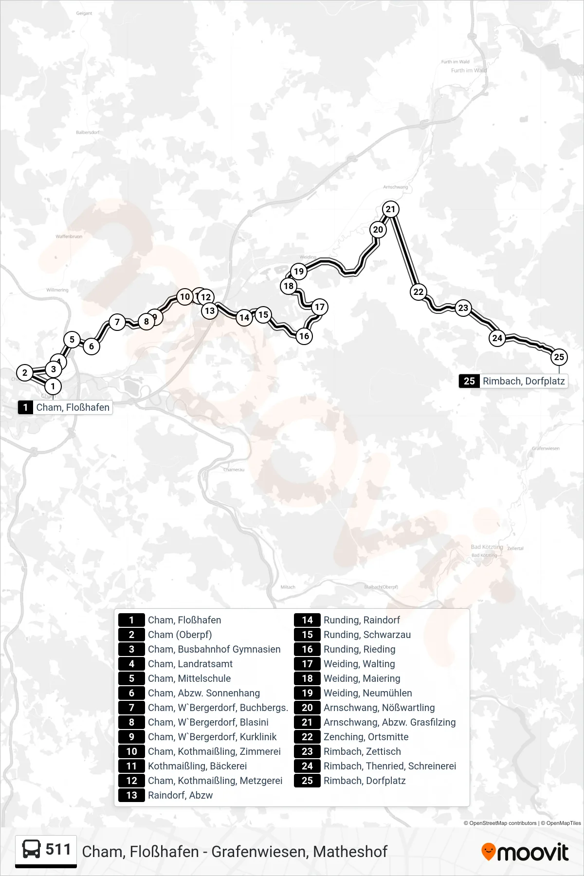 Linie 511 (Bus) Richtung Rimbach; Dorfplatz: Route und Haltestellen auf der Karte