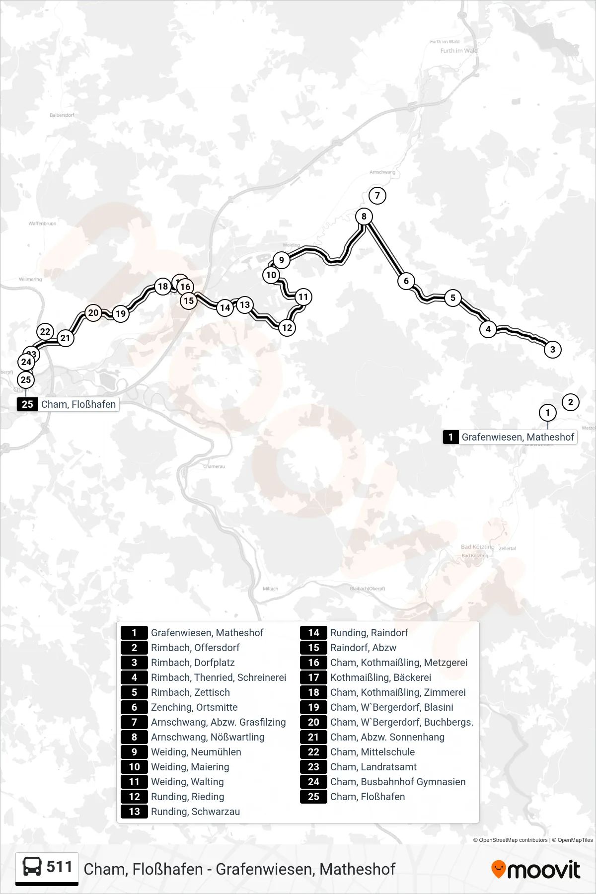 511 bus Line (Cham, Floßhafen) route and stops on a map