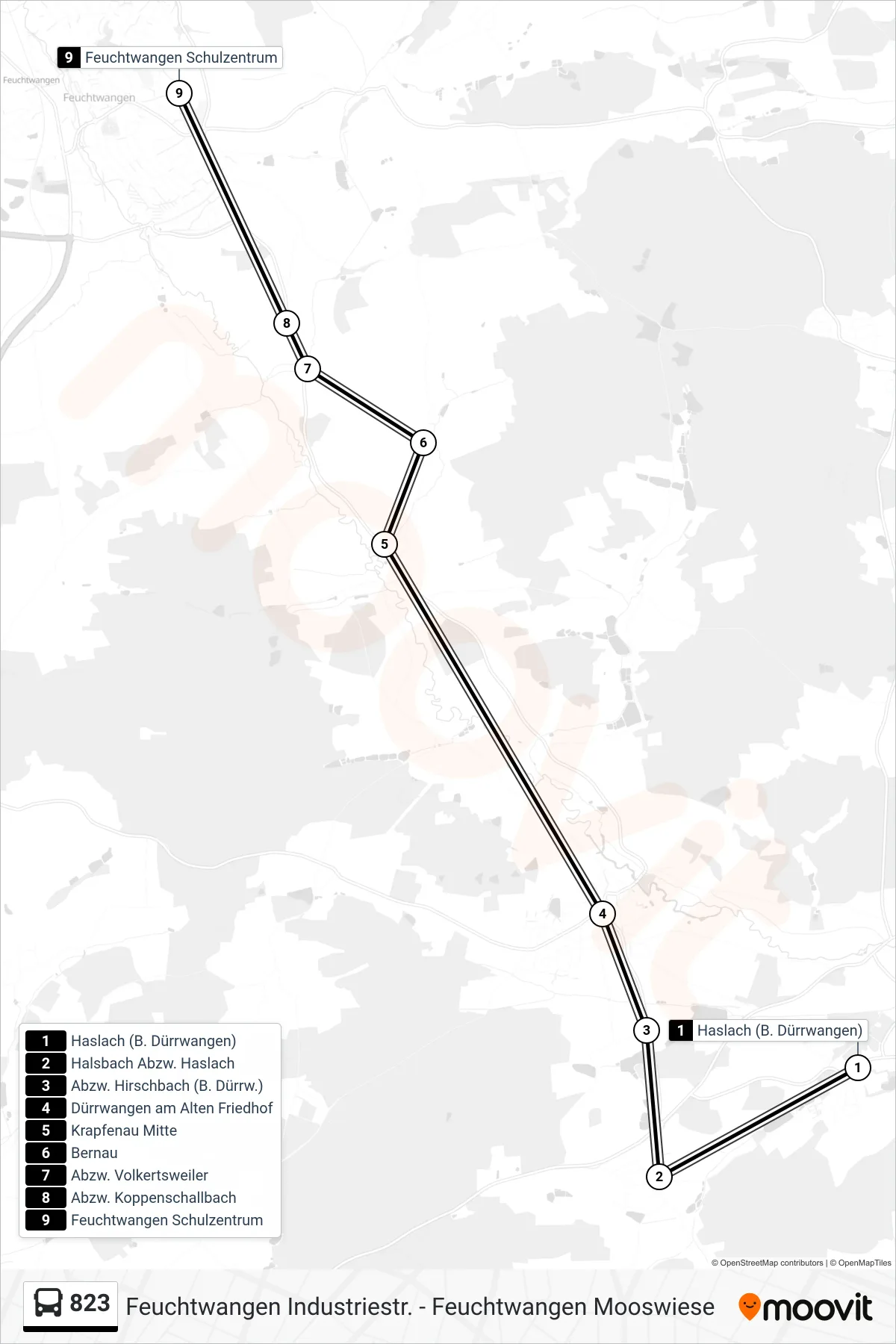 823 bus Line (Feuchtwangen) route and stops on a map