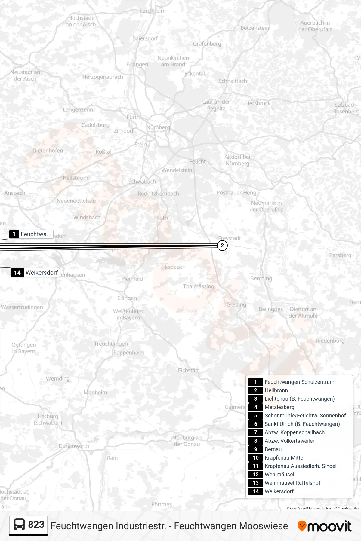 823 bus Line (Wehlmäusel) route and stops on a map