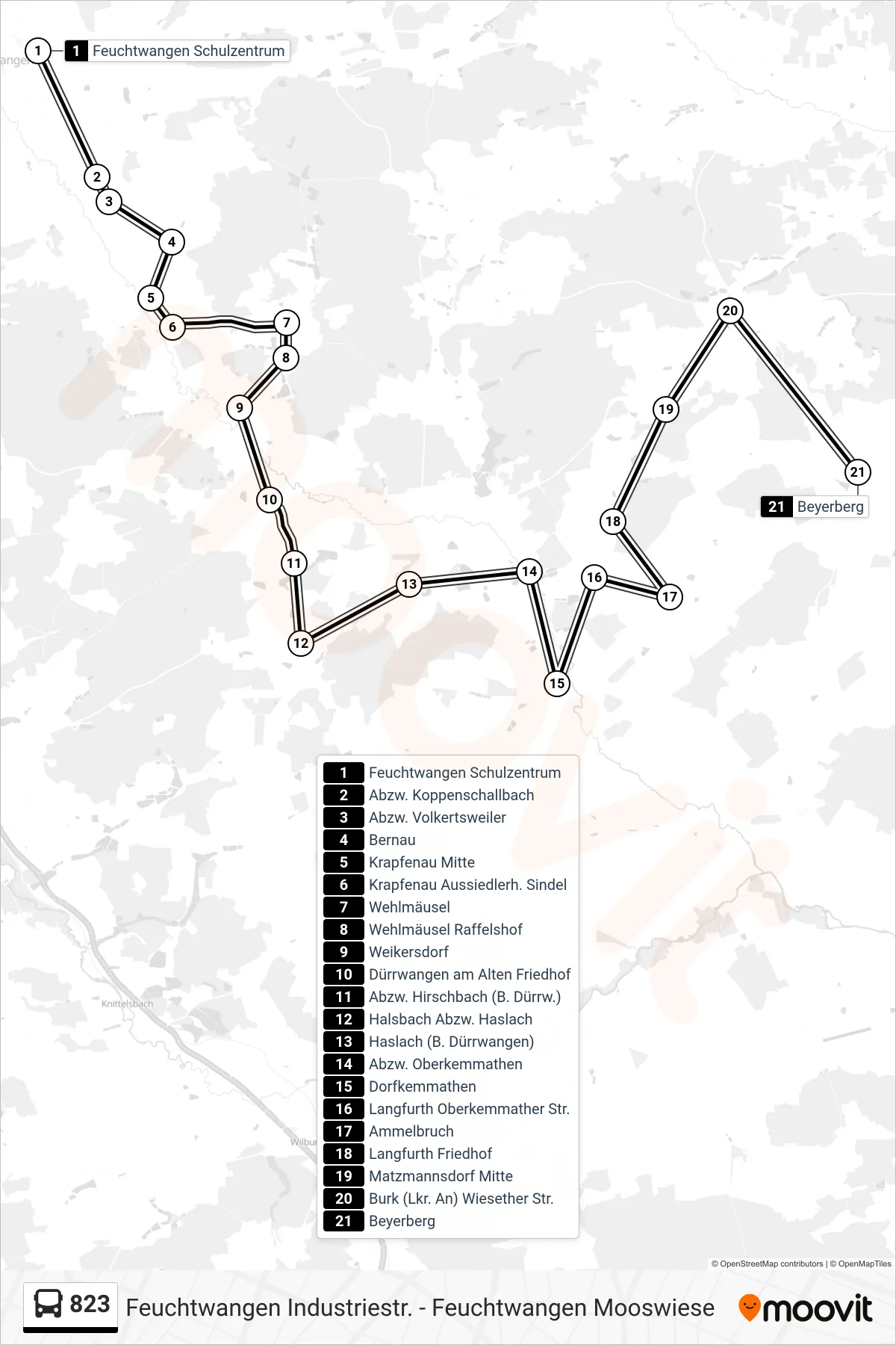 823 bus Line (Burk) route and stops on a map