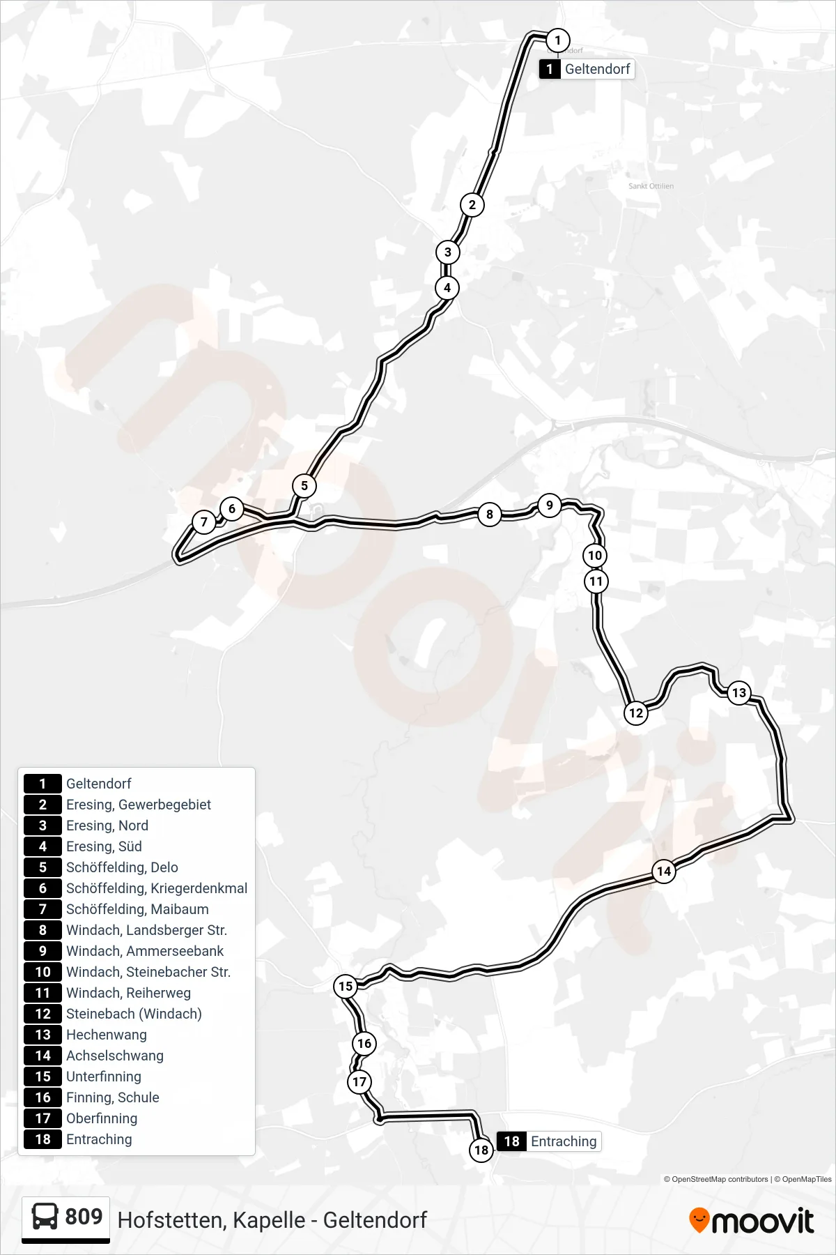 Linie 809 (Bus) Richtung Entraching: Route und Haltestellen auf der Karte