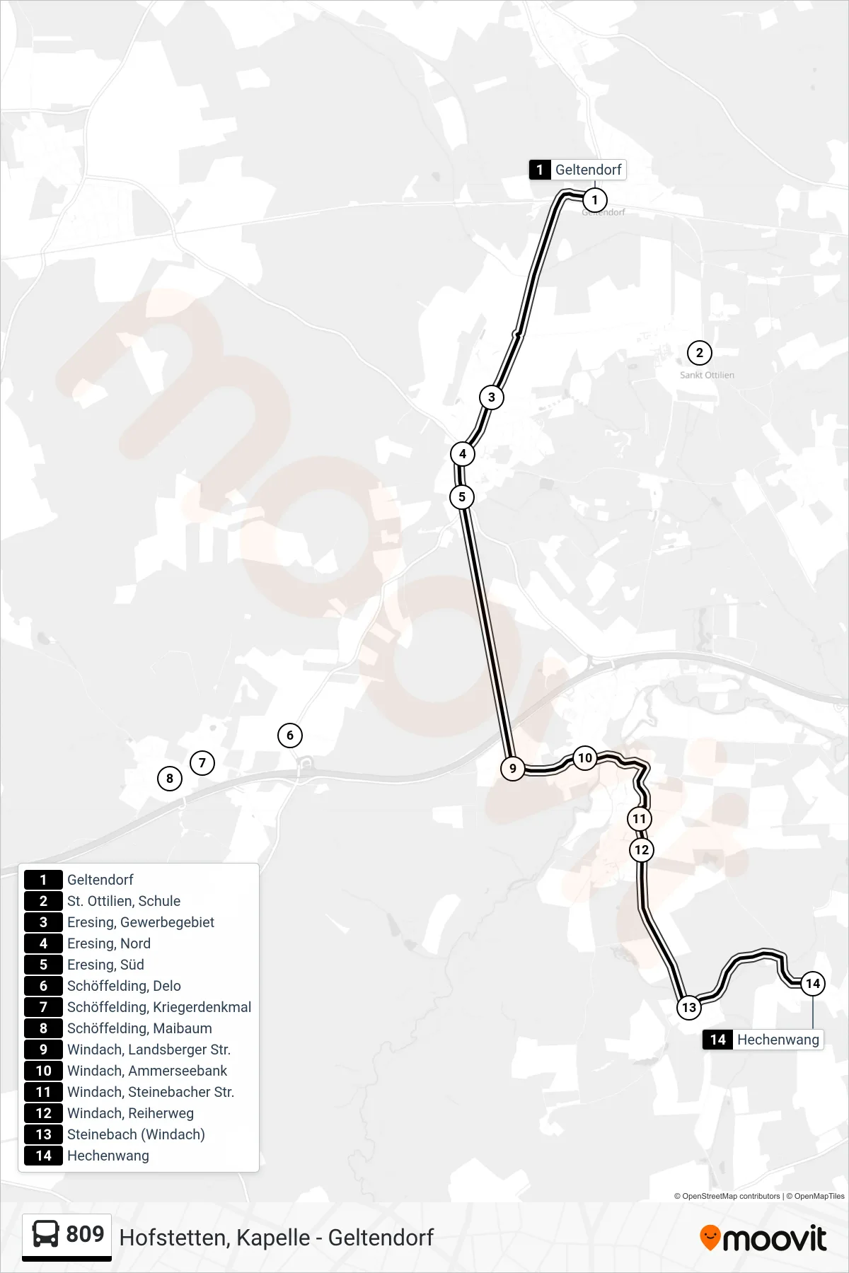 Linie 809 (Bus) Richtung Hechenwang: Route und Haltestellen auf der Karte