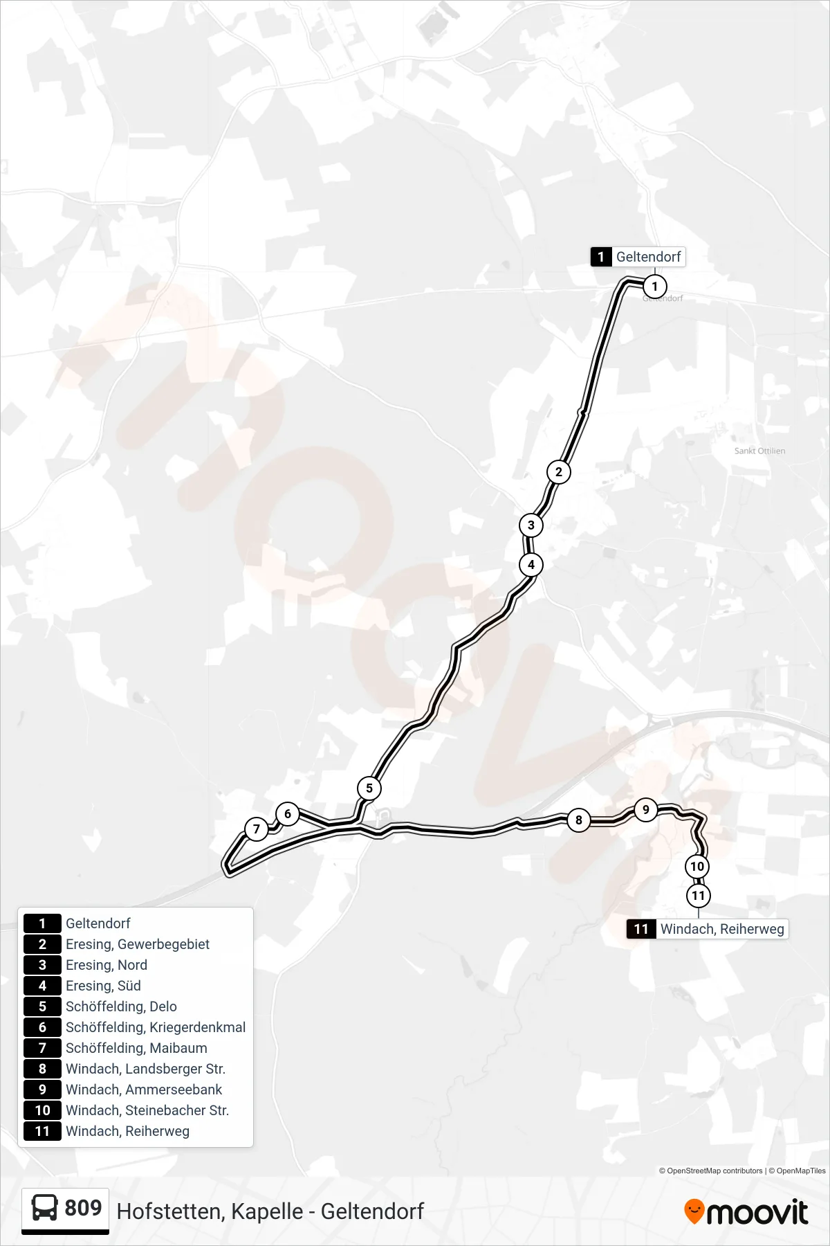 809 bus Line (Windach, Reiherweg) route and stops on a map