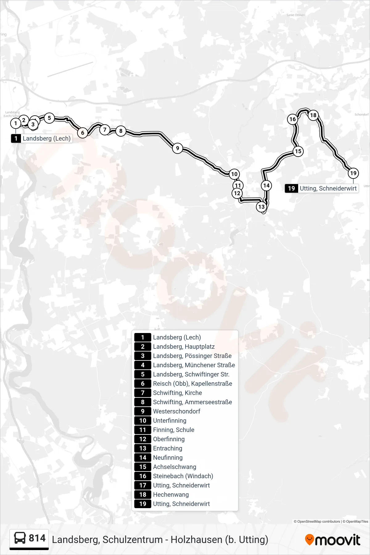 814 bus Line (Utting, Schneiderwirt) route and stops on a map