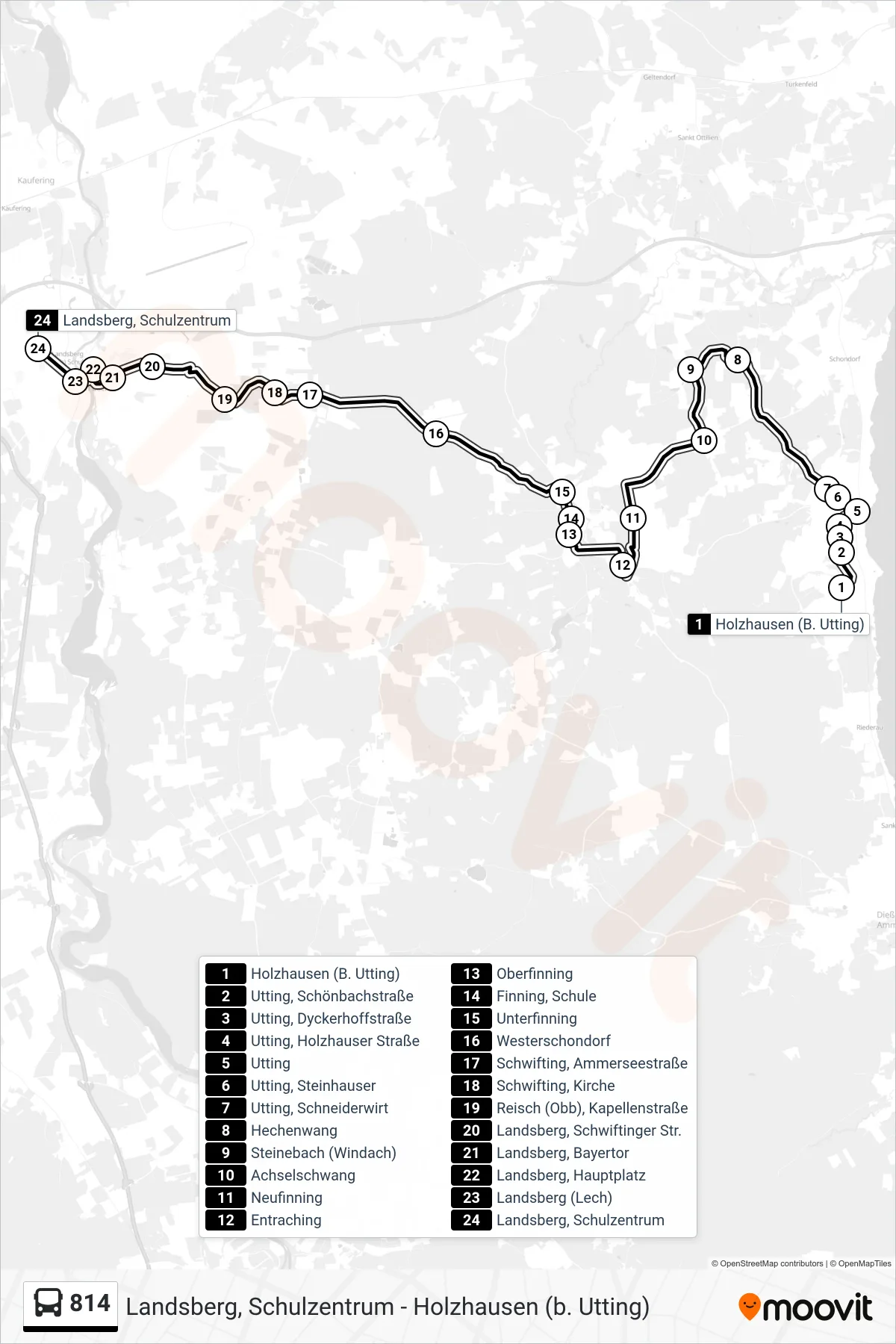 814 bus Line (Landsberg, Schulzentrum) route and stops on a map