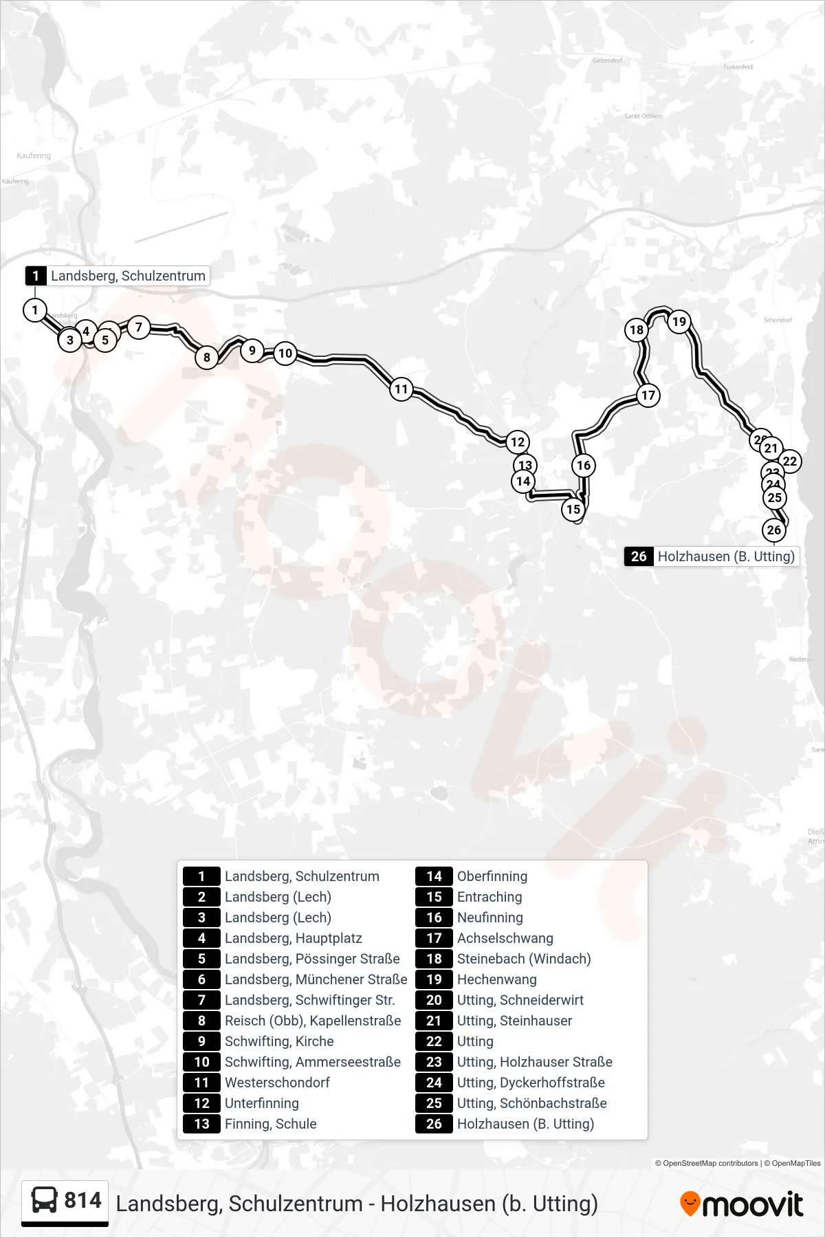 814 bus Line (Holzhausen (B. Utting)) route and stops on a map