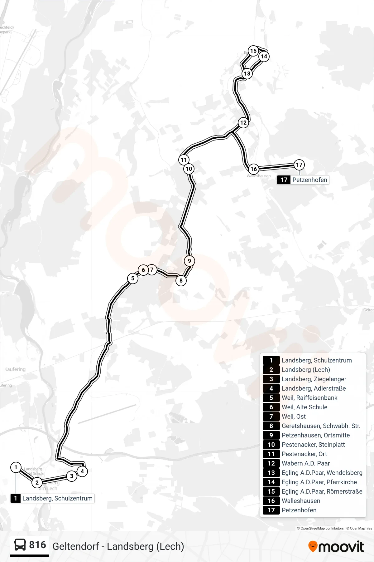 816 bus Line (Petzenhofen) route and stops on a map