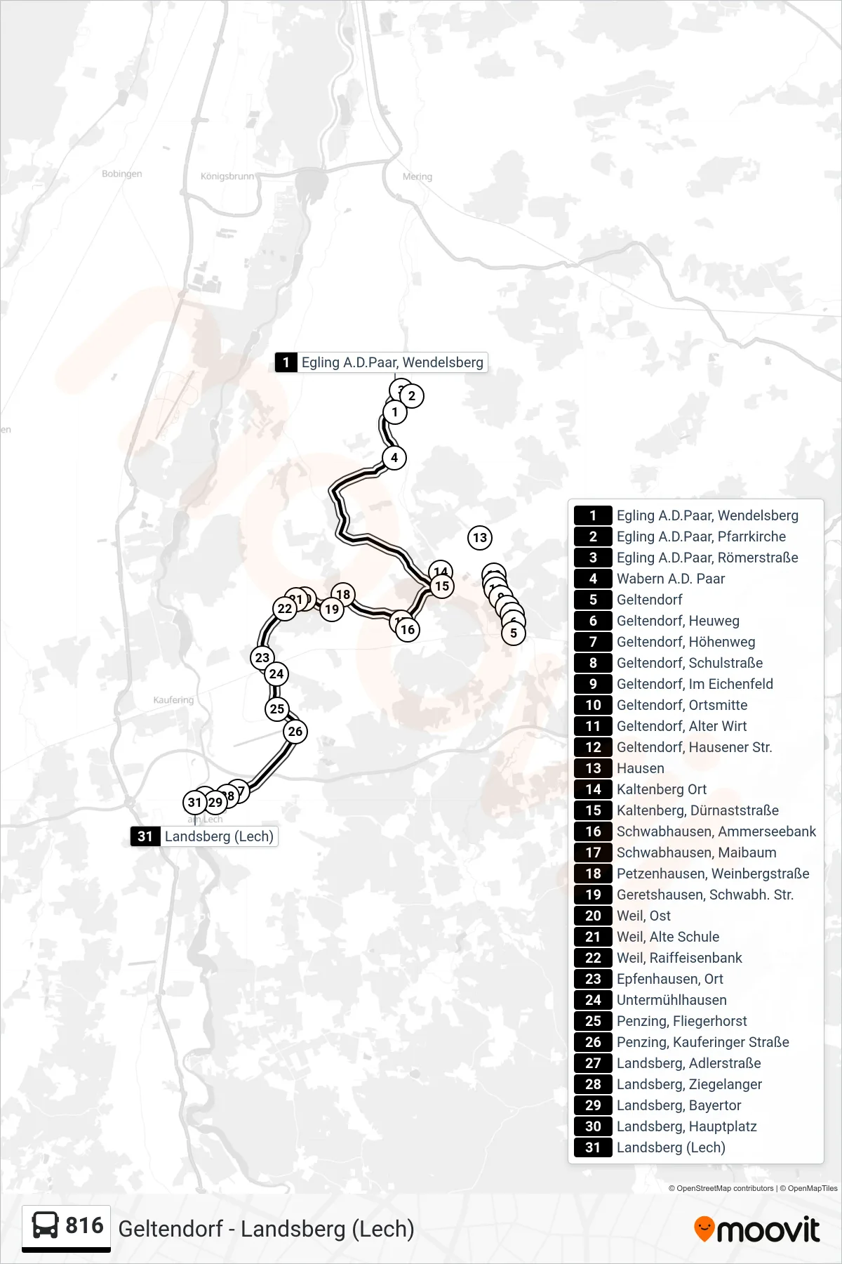 Linie 816 (Bus) Richtung Landsberg (Lech): Route und Haltestellen auf der Karte