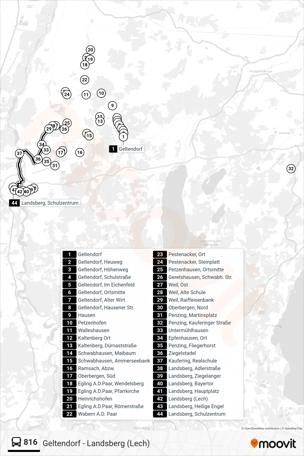 816 bus Line (Landsberg, Schulzentrum) route and stops on a map