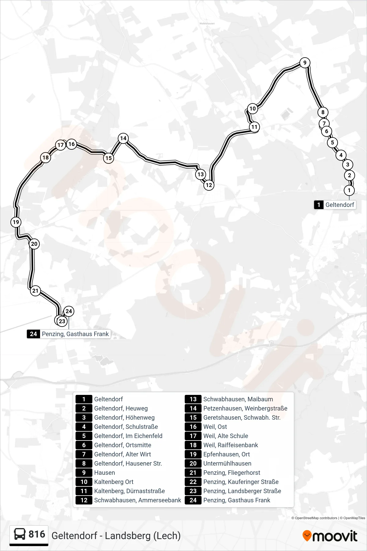 816 bus Line (Penzing, Gasthaus Frank) route and stops on a map