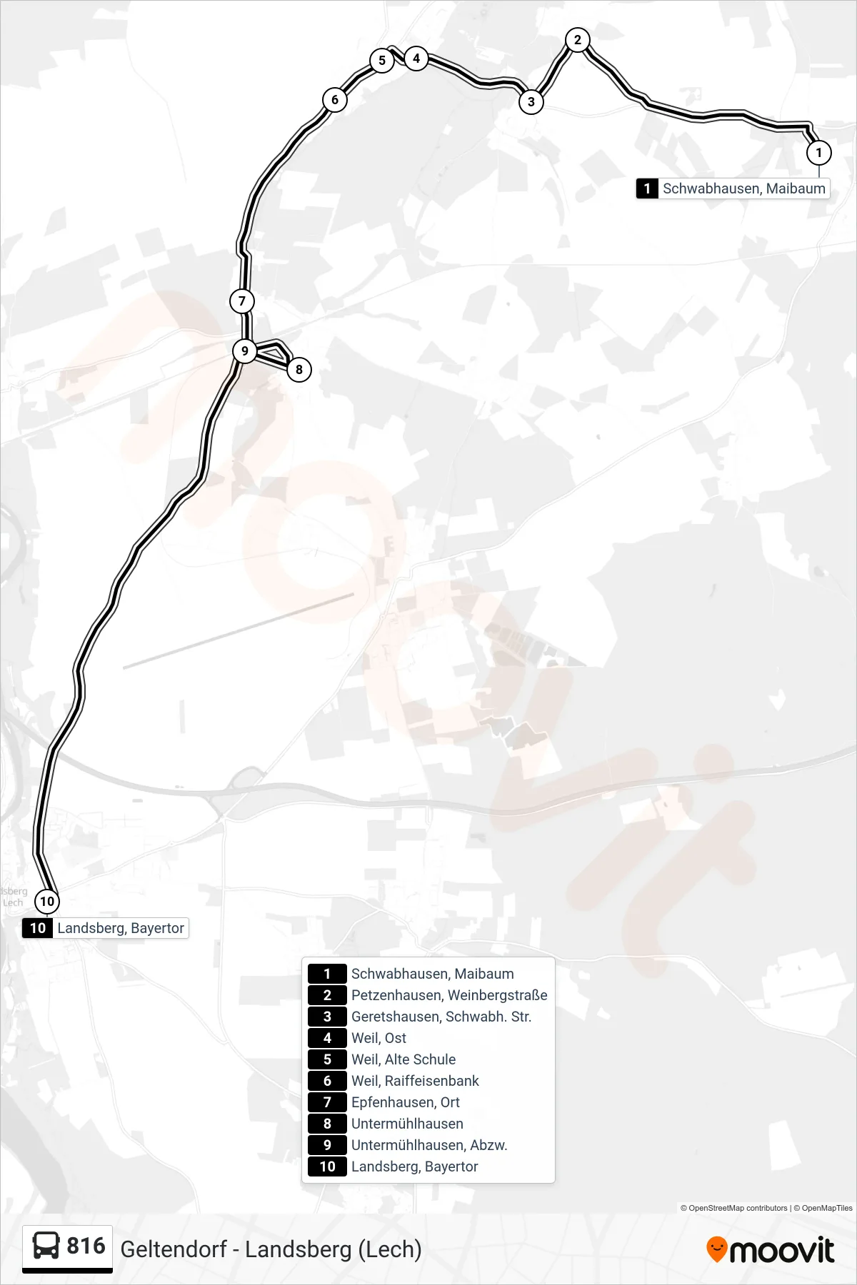 816 bus Line (Landsberg, Bayertor) route and stops on a map