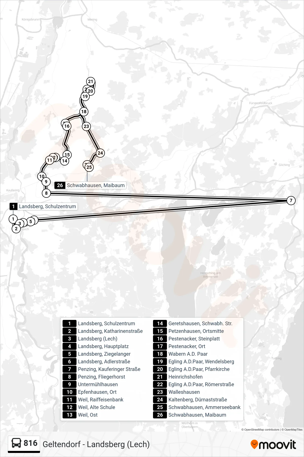 816 bus Line (Schwabhausen, Maibaum) route and stops on a map