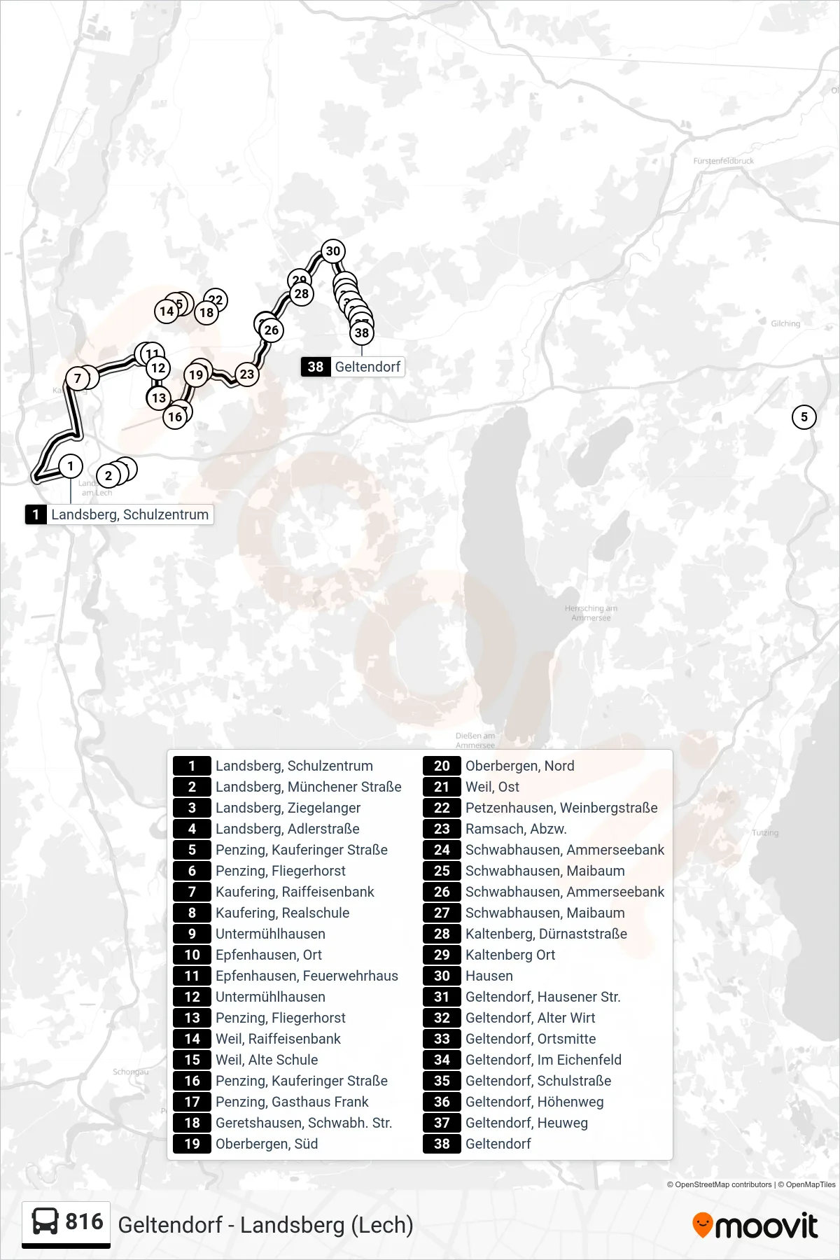 816 bus Line (Geltendorf) route and stops on a map