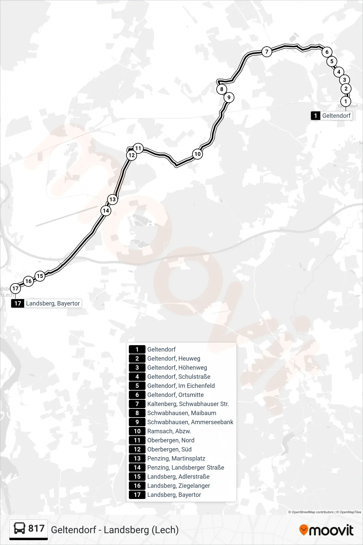 Linie 817 (Bus) Richtung Landsberg, Bayertor: Route und Haltestellen auf der Karte
