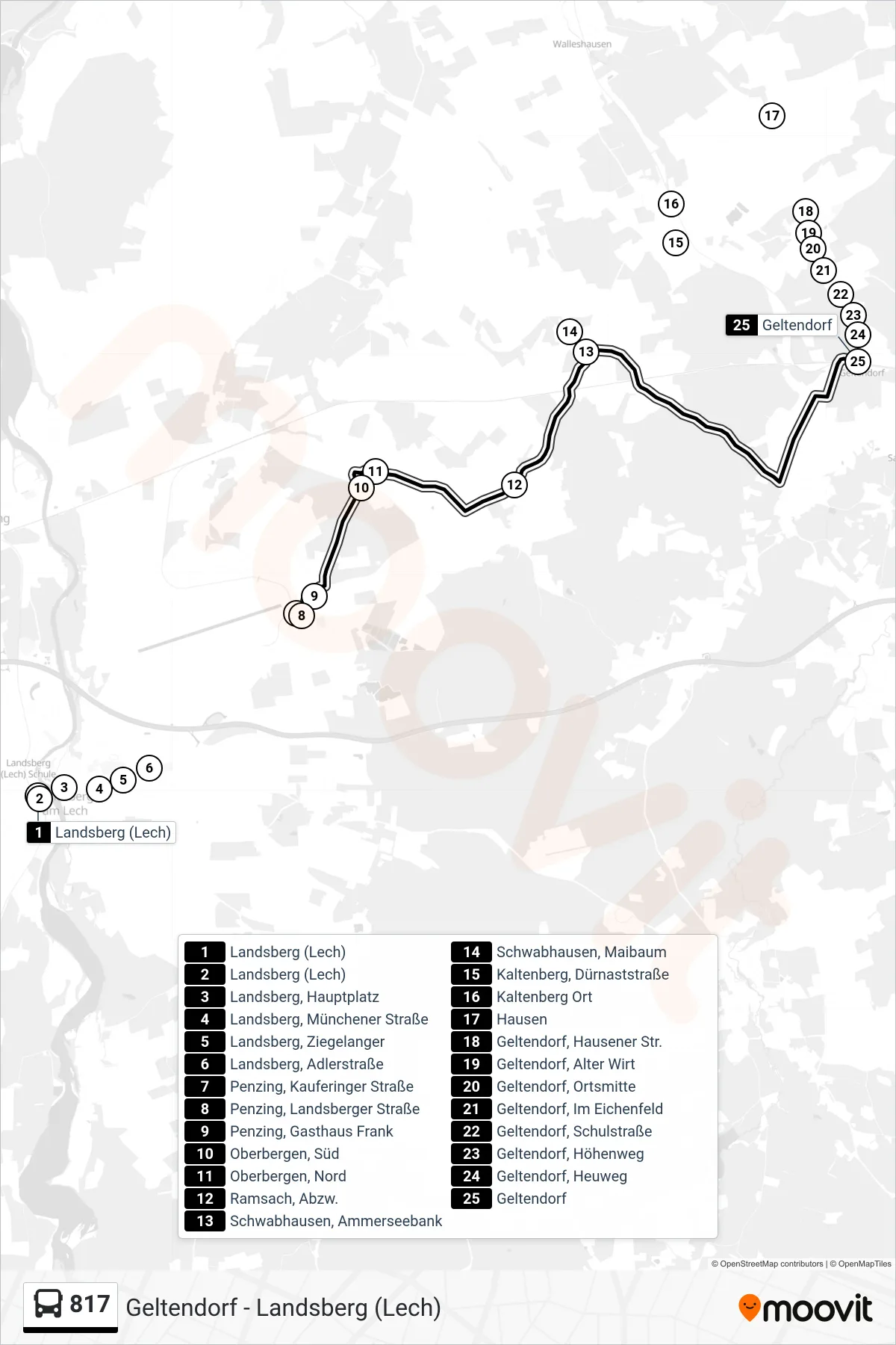 817 bus Line (Geltendorf) route and stops on a map