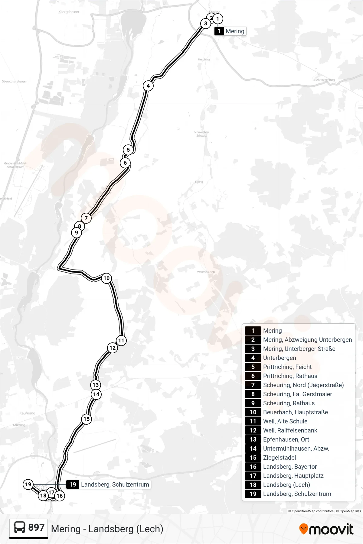 897 bus Line (Landsberg, Schulzentrum) route and stops on a map