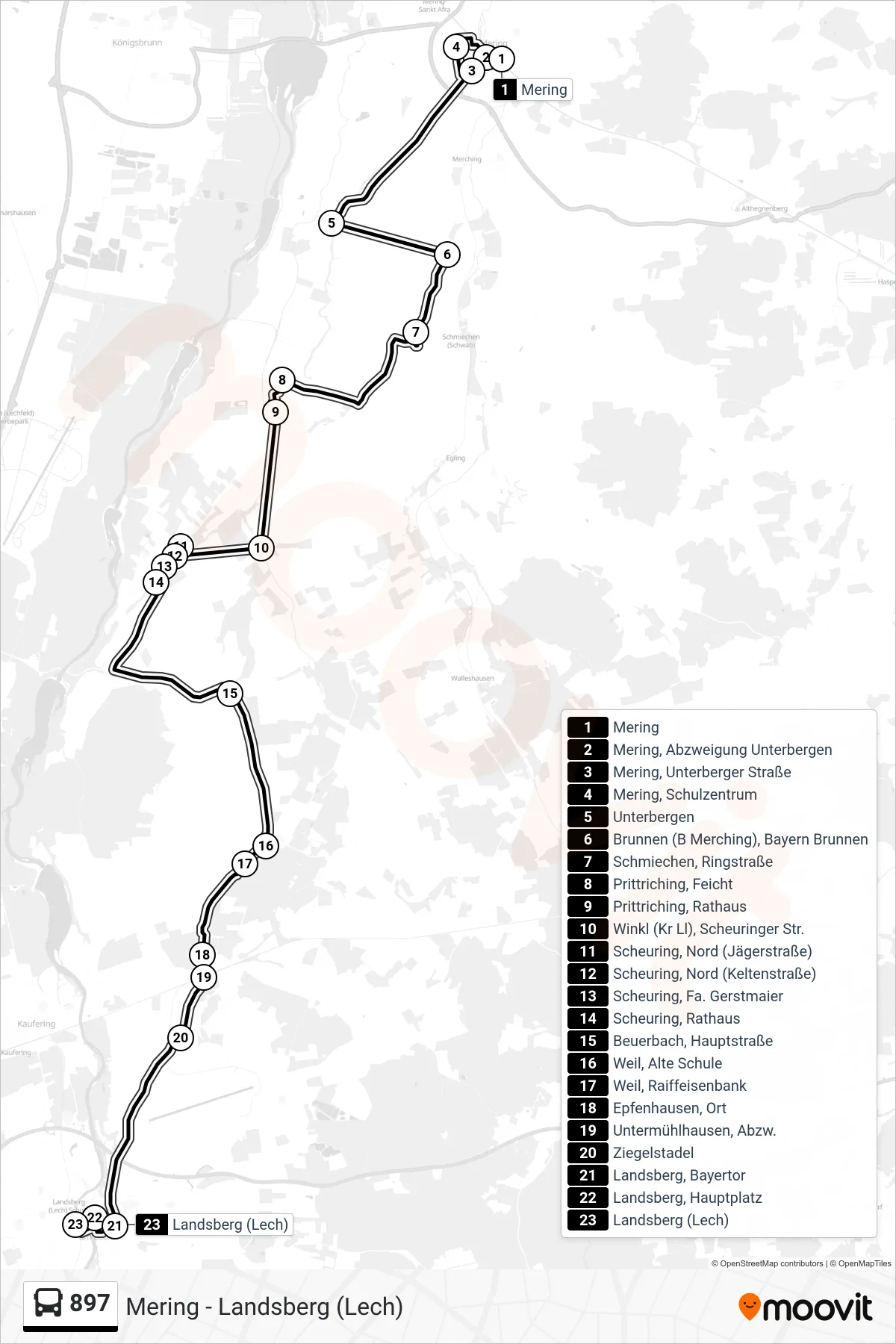 Linie 897 (Bus) Richtung Landsberg (Lech): Route und Haltestellen auf der Karte