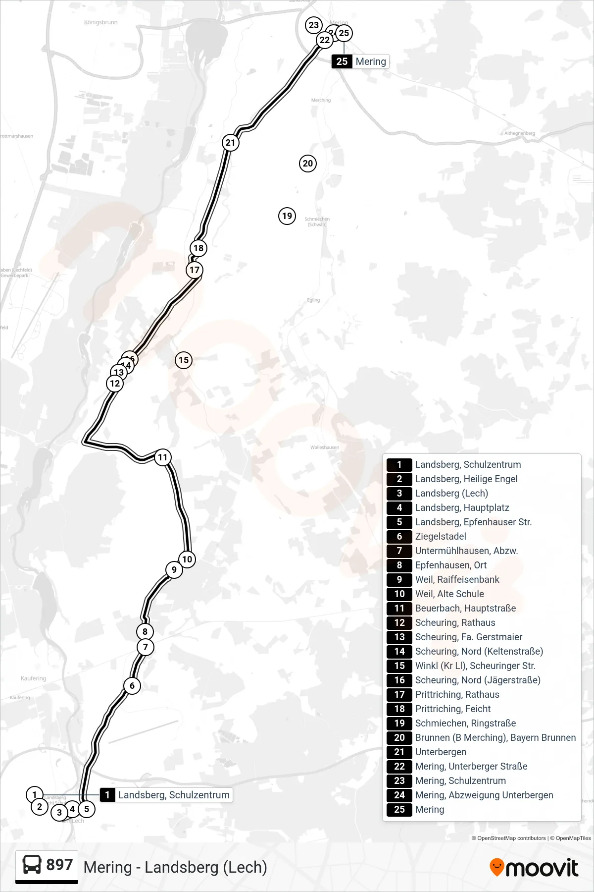 897 bus Line (Mering) route and stops on a map
