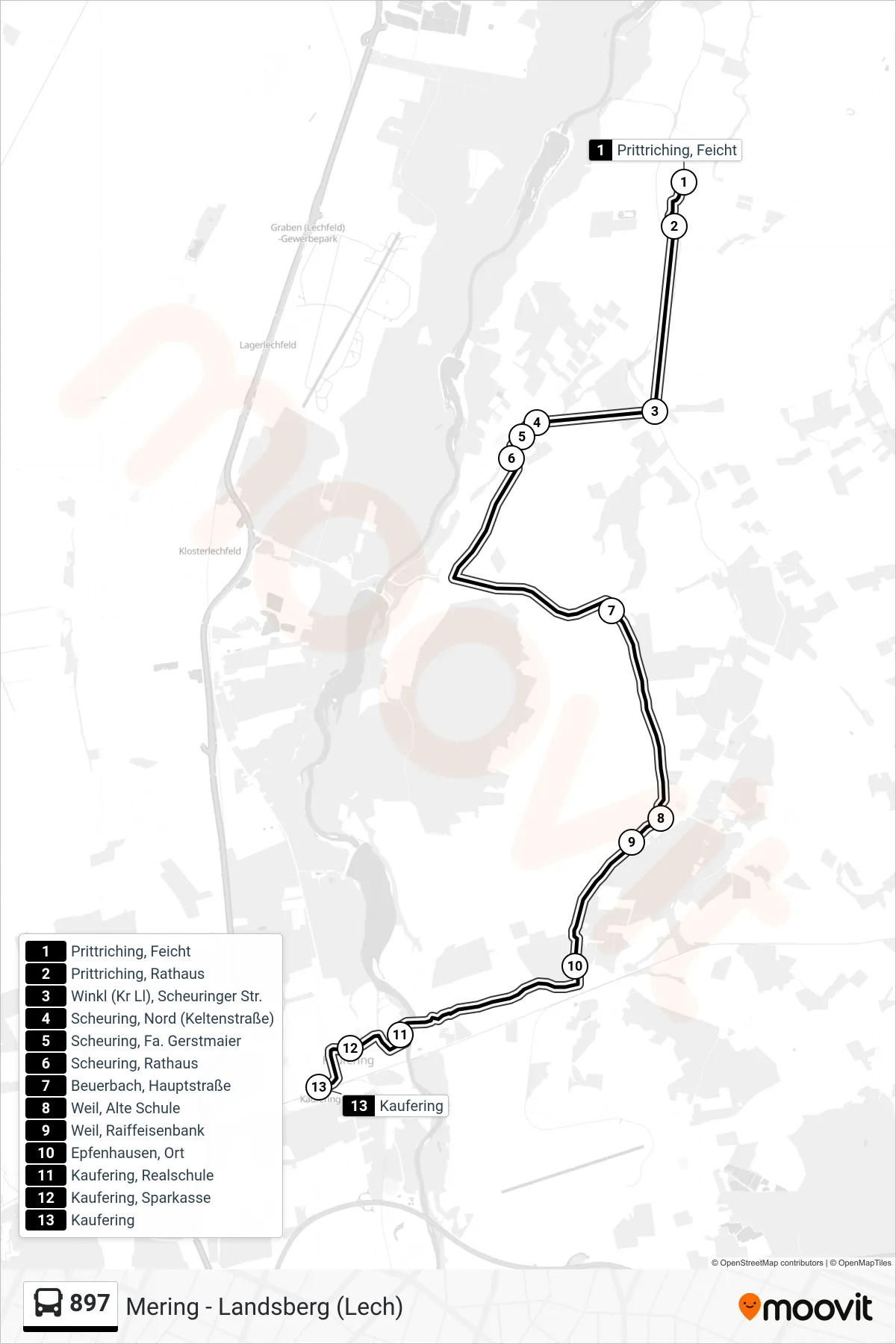 897 bus Line (Kaufering) route and stops on a map