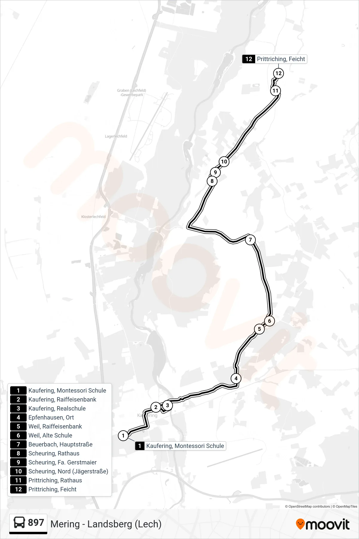 897 bus Line (Prittriching, Feicht) route and stops on a map