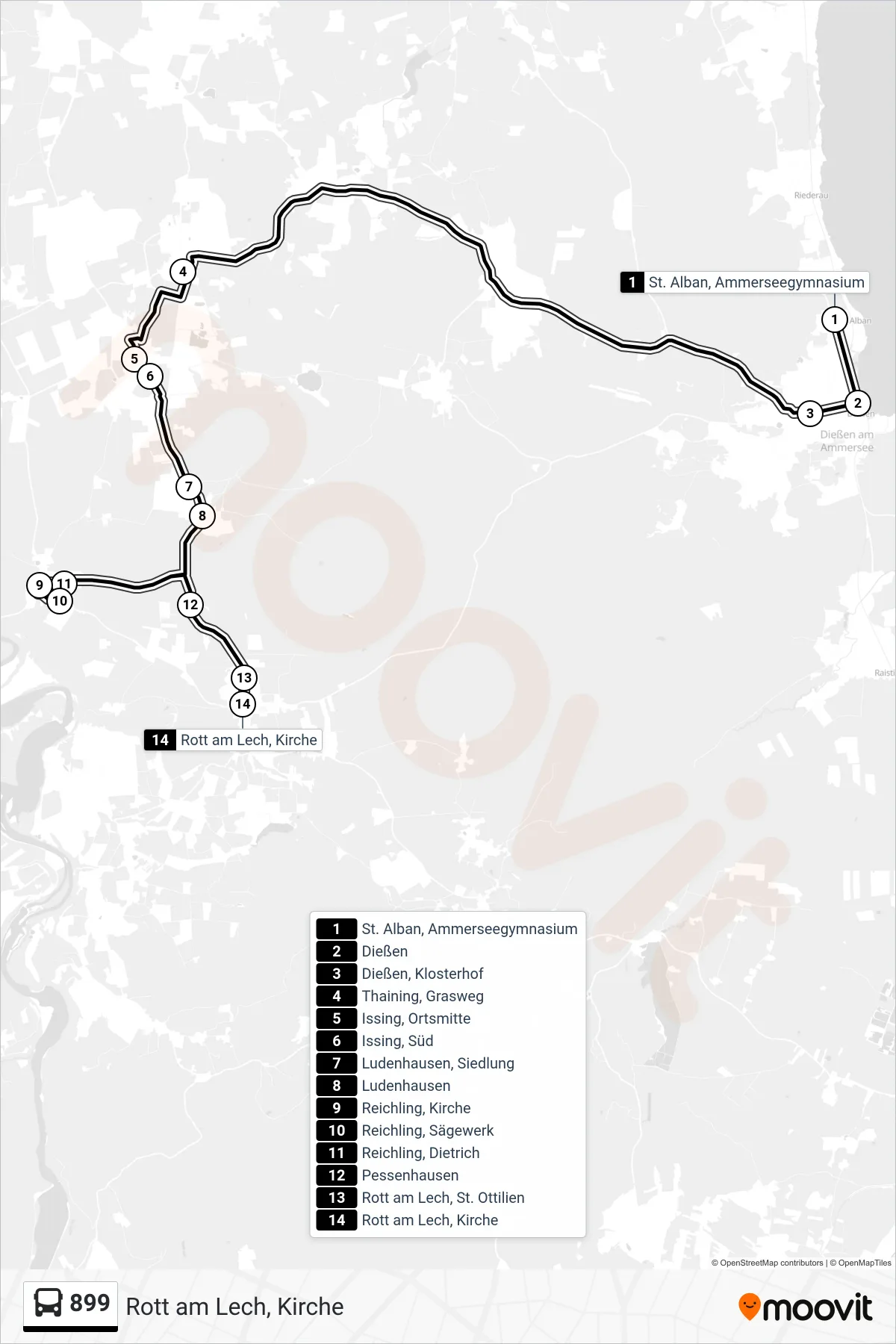 899 bus Line (Rott am Lech, Kirche) route and stops on a map