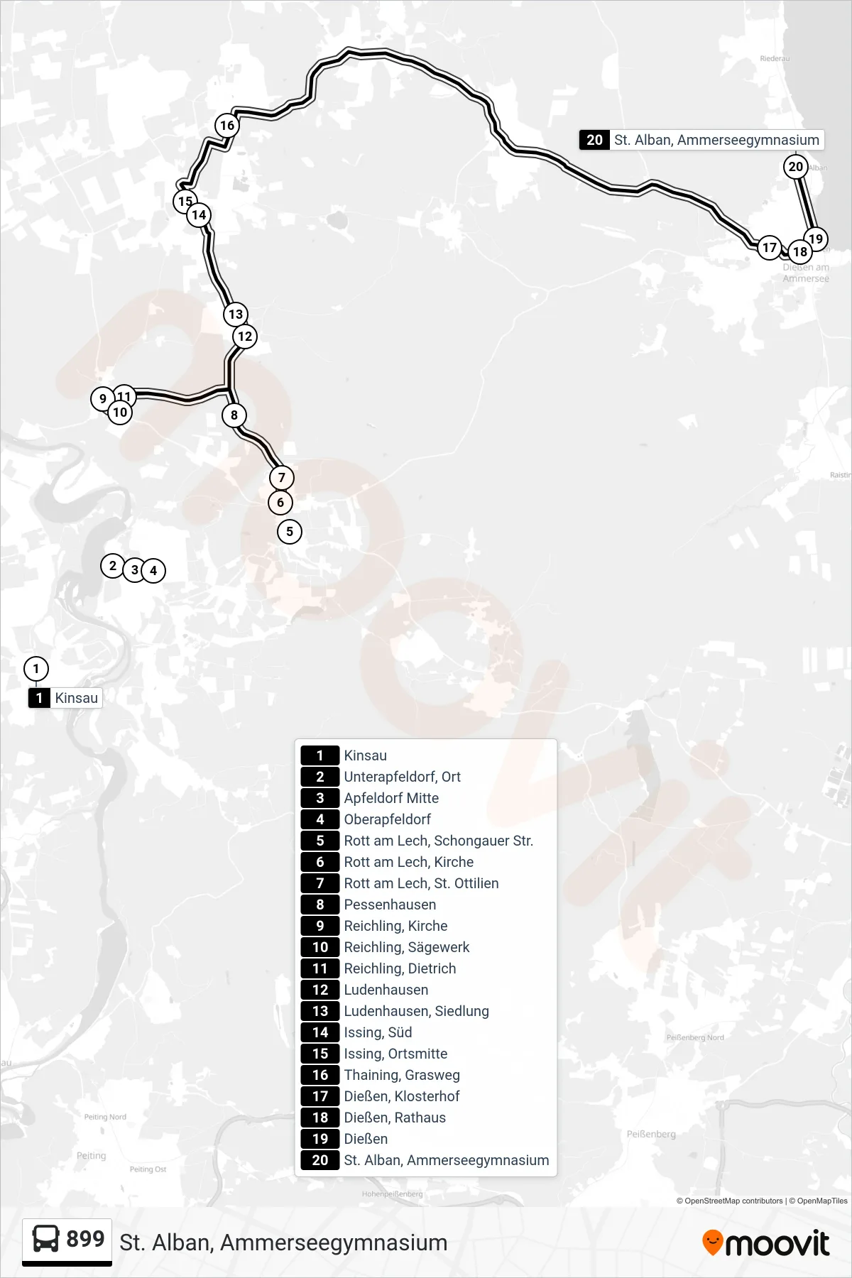 899 bus Line (St. Alban, Ammerseegymnasium) route and stops on a map