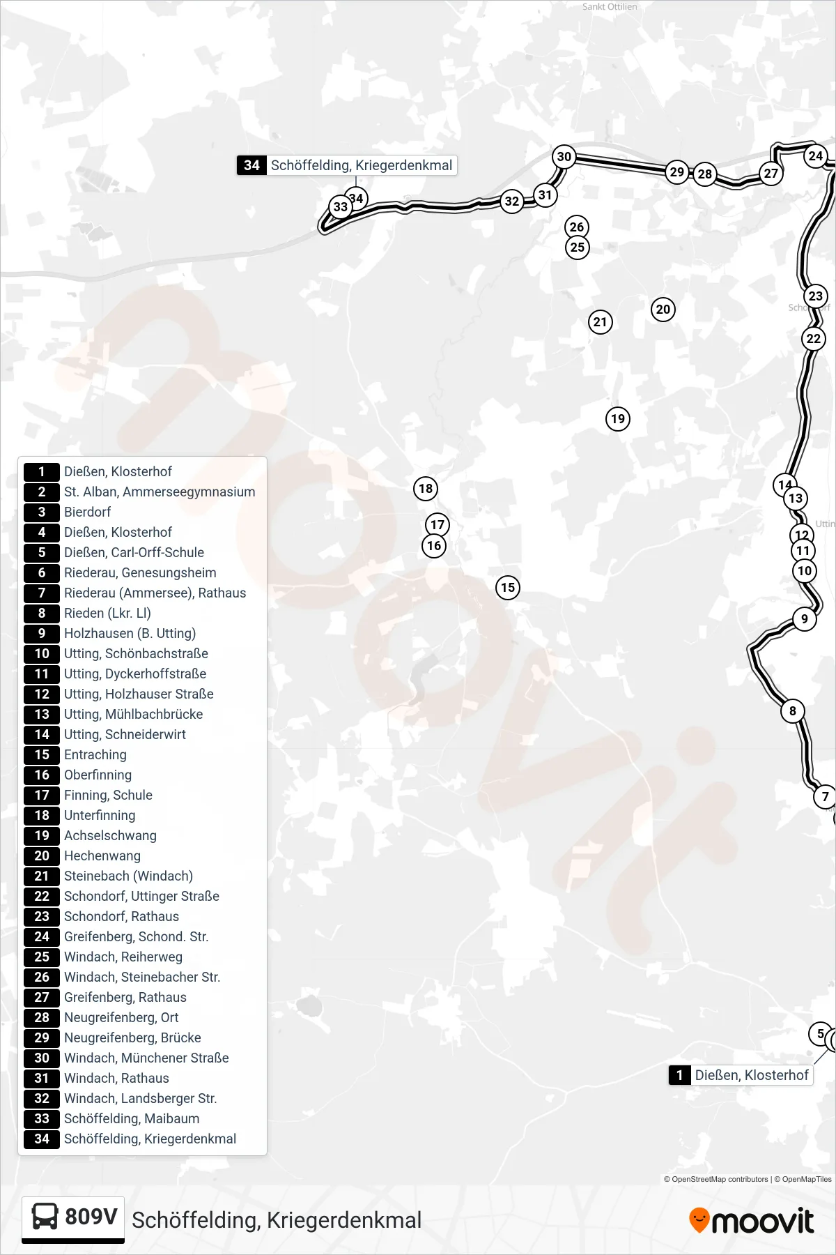 809V bus Line (Schöffelding, Kriegerdenkmal) route and stops on a map