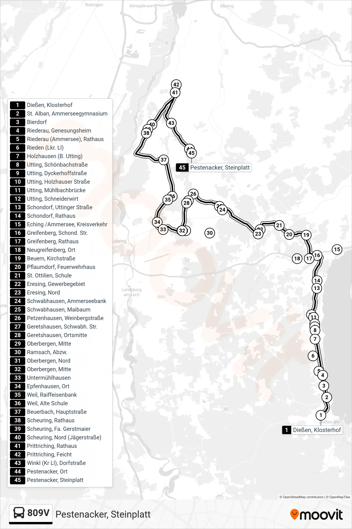 809V bus Line (Pestenacker, Steinplatt) route and stops on a map