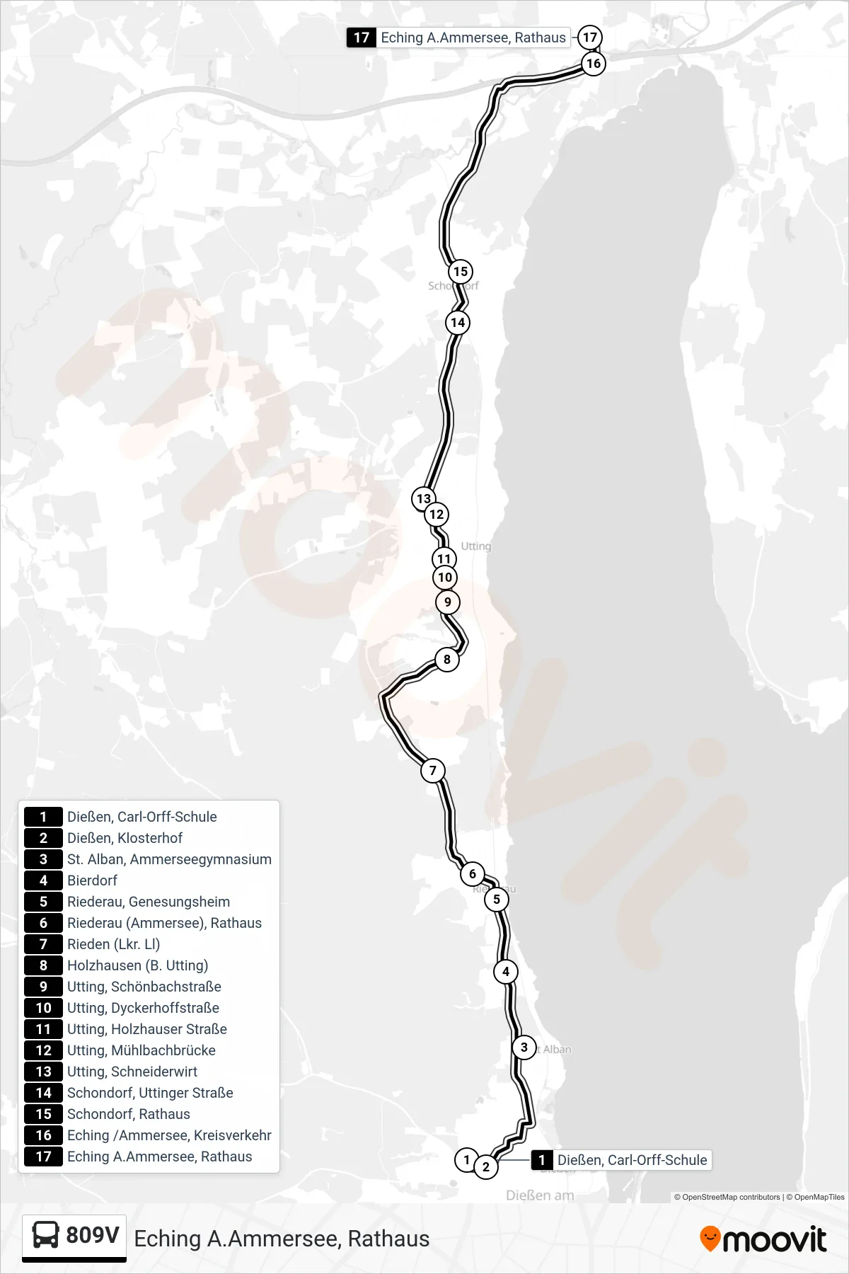 809V bus Line (Eching A.Ammersee, Rathaus) route and stops on a map