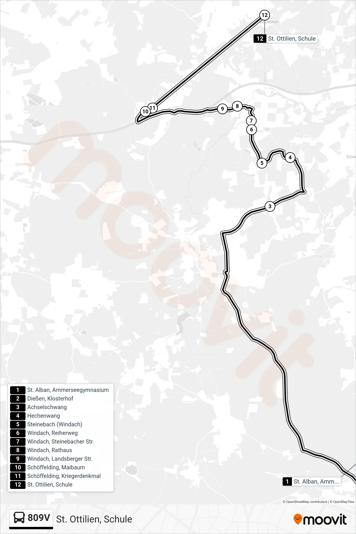 809V bus Line (St. Ottilien, Schule) route and stops on a map
