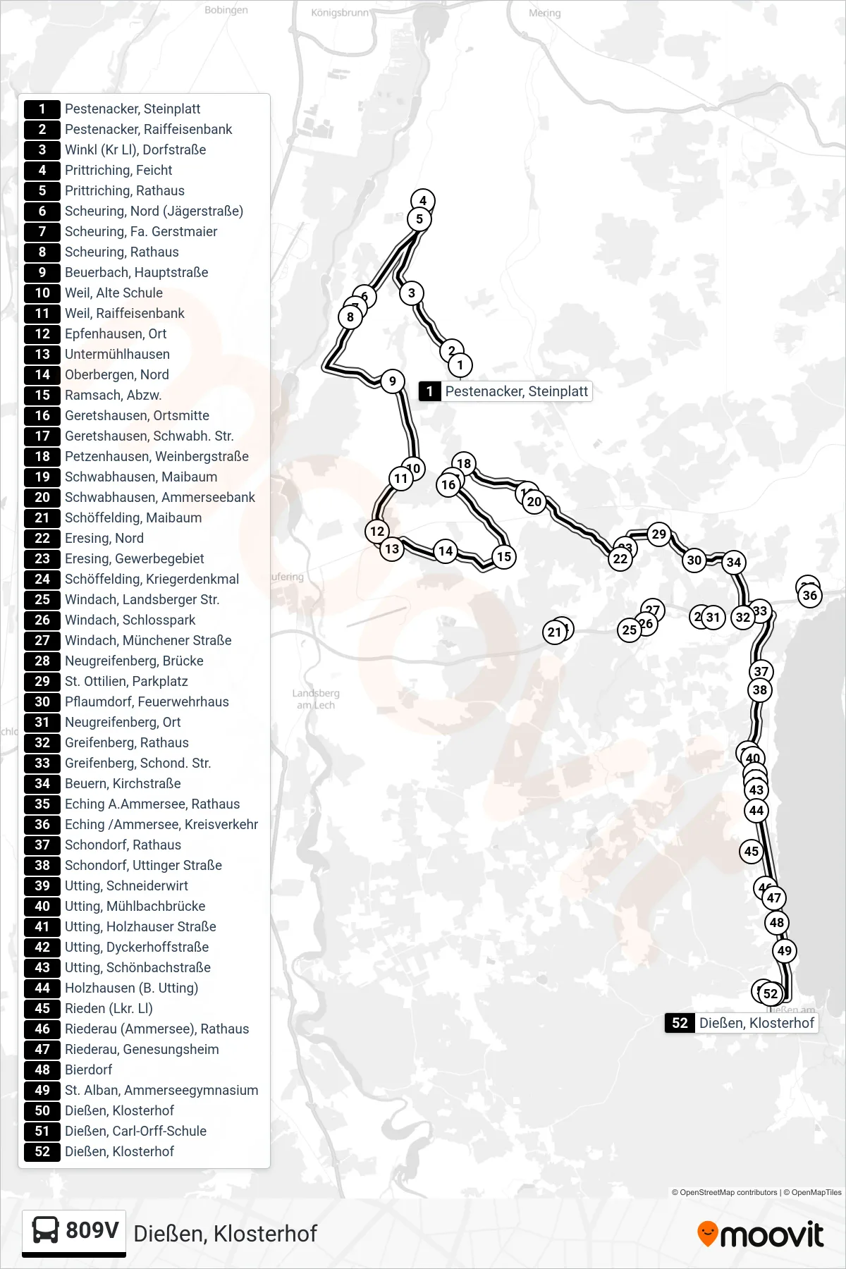 809V bus Line (Dießen, Klosterhof) route and stops on a map