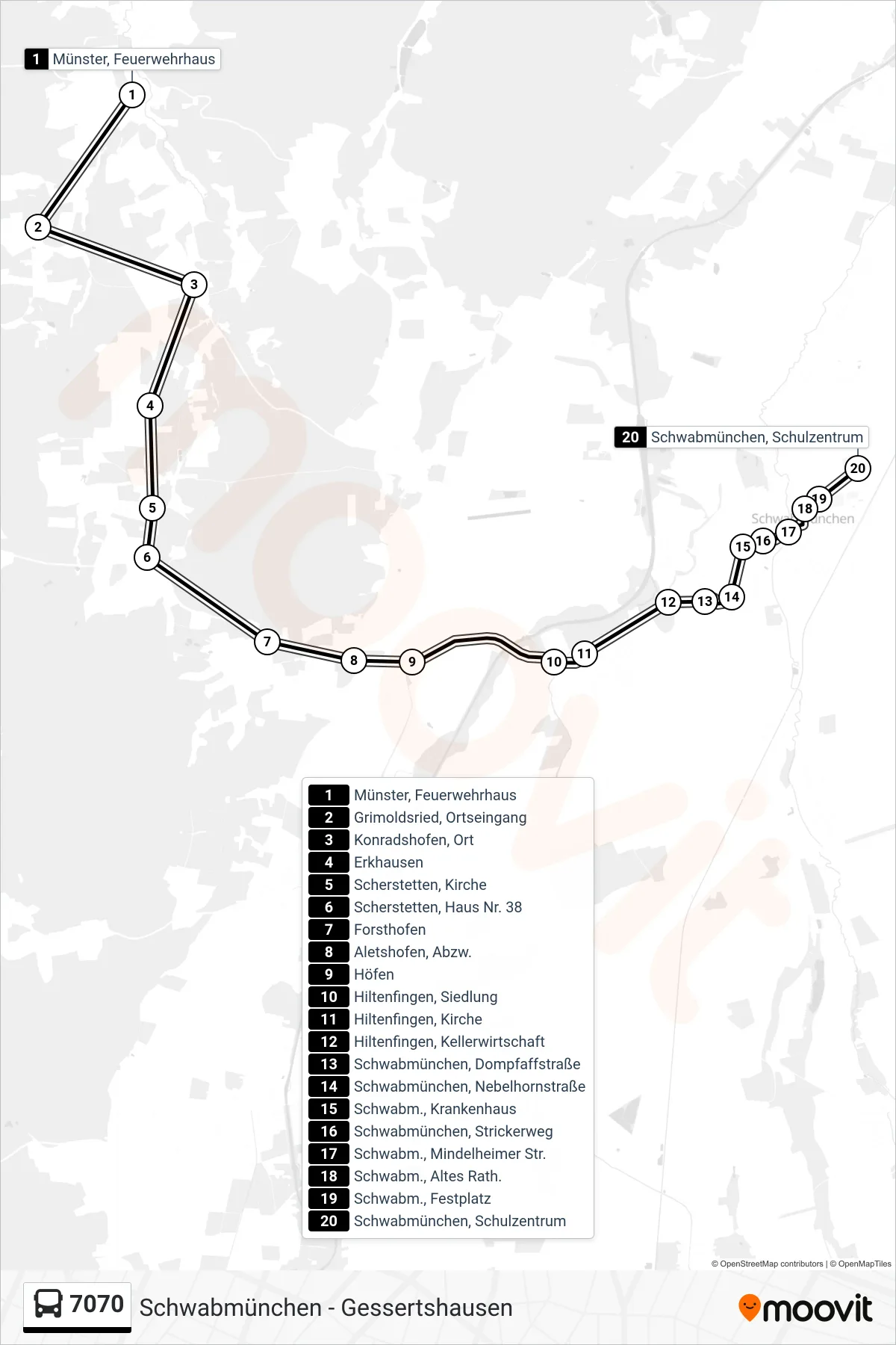 7070 bus Line (Schwabmünchen, Schulzentrum) route and stops on a map