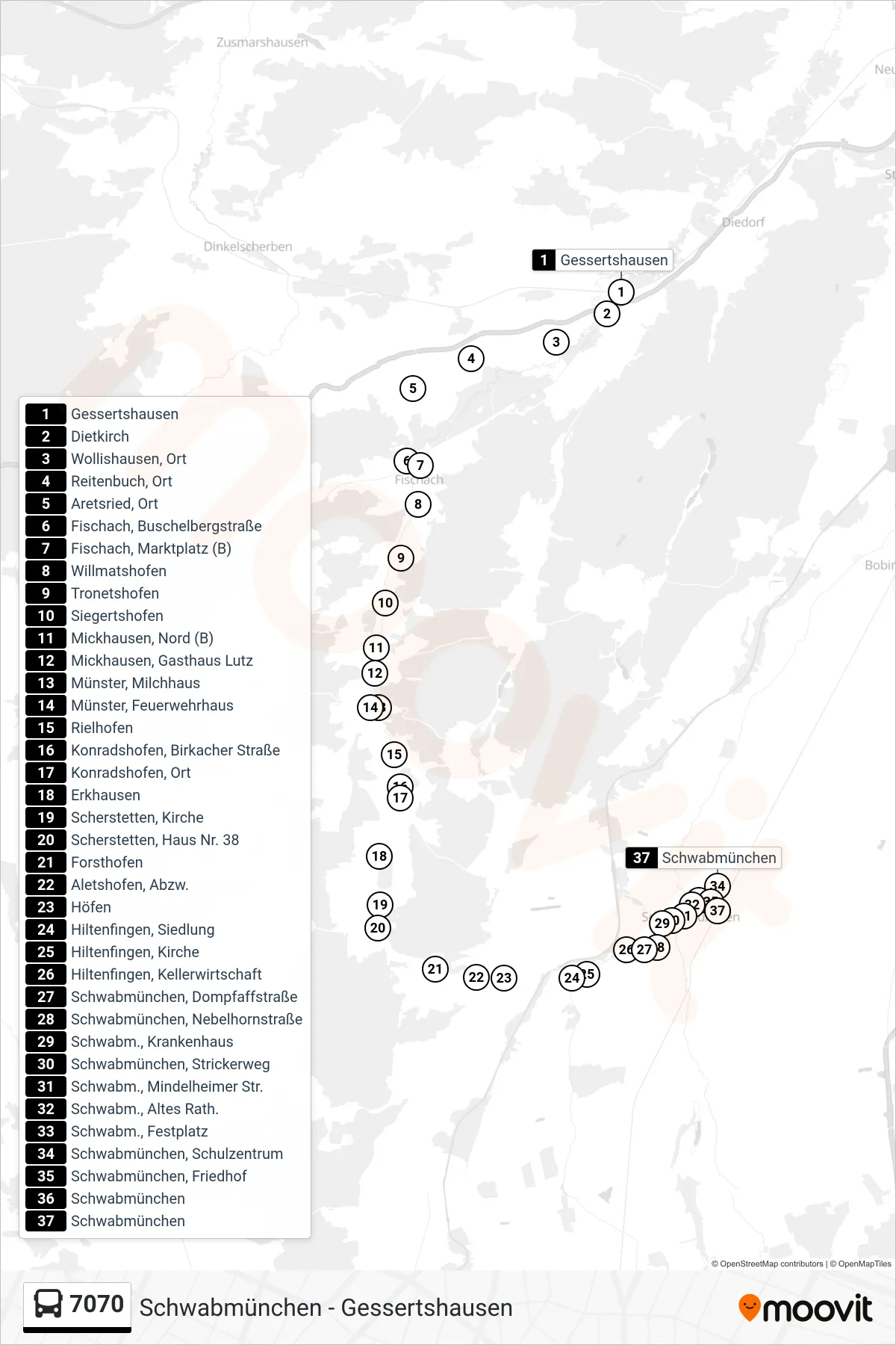 7070 bus Line (Schwabmünchen) route and stops on a map
