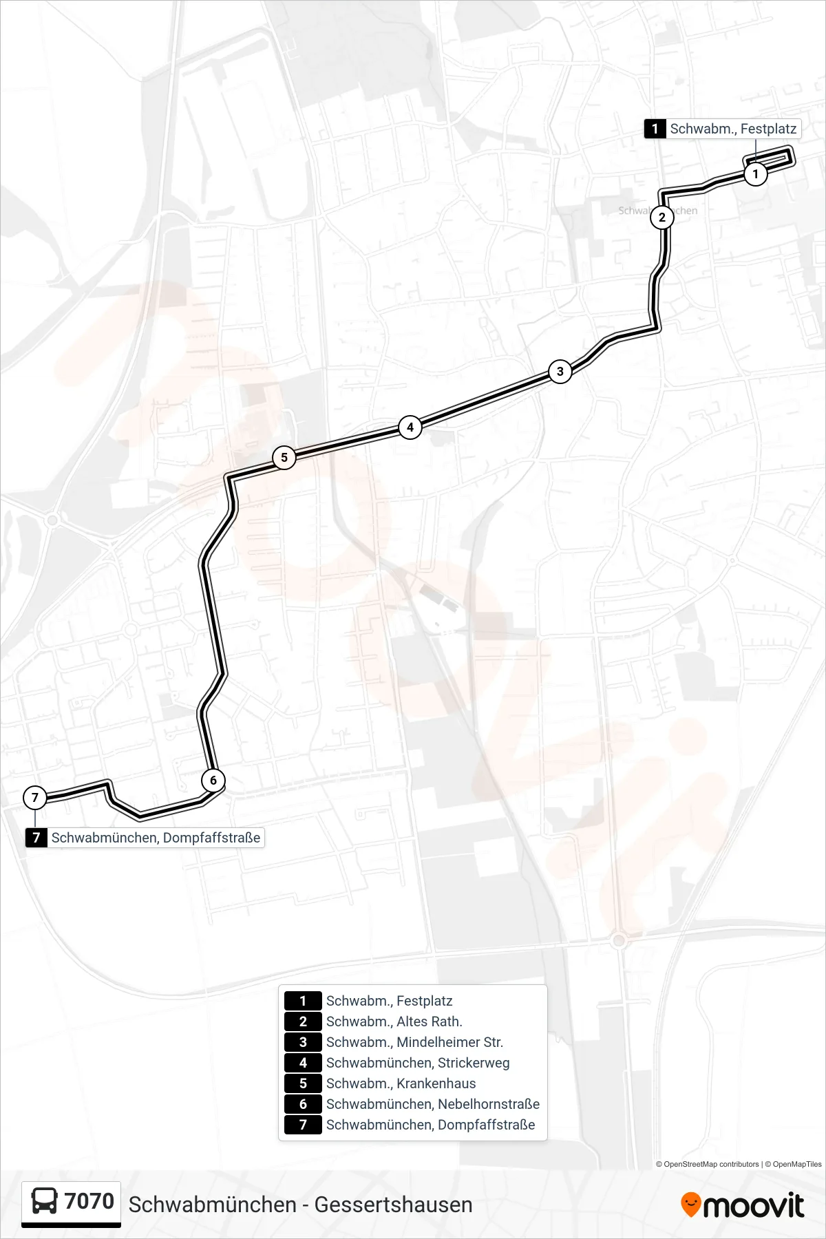 7070 bus Line (Schwabmünchen, Dompfaffstraße) route and stops on a map