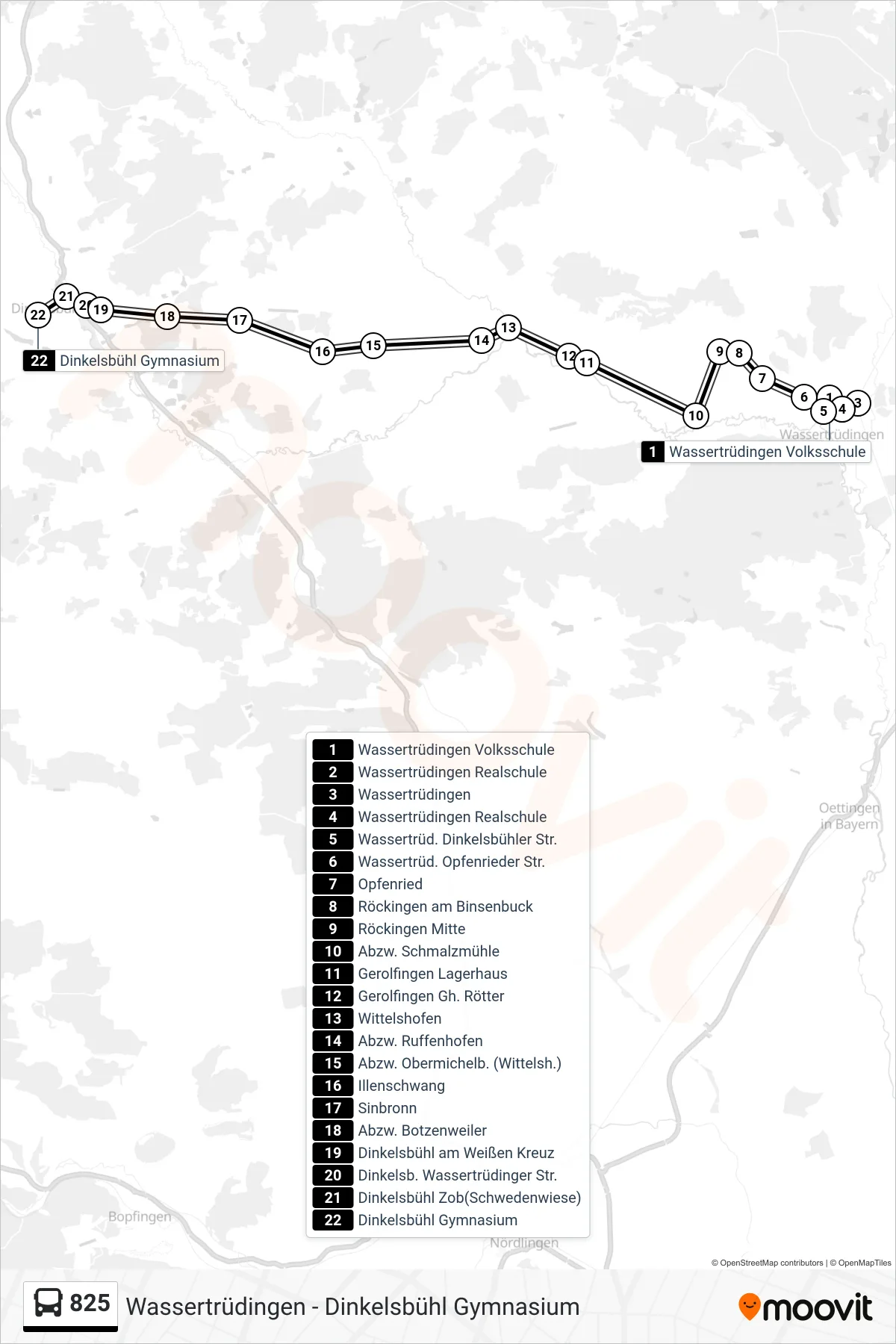 825 bus Line (Dinkelsbühl Gymnasium) route and stops on a map