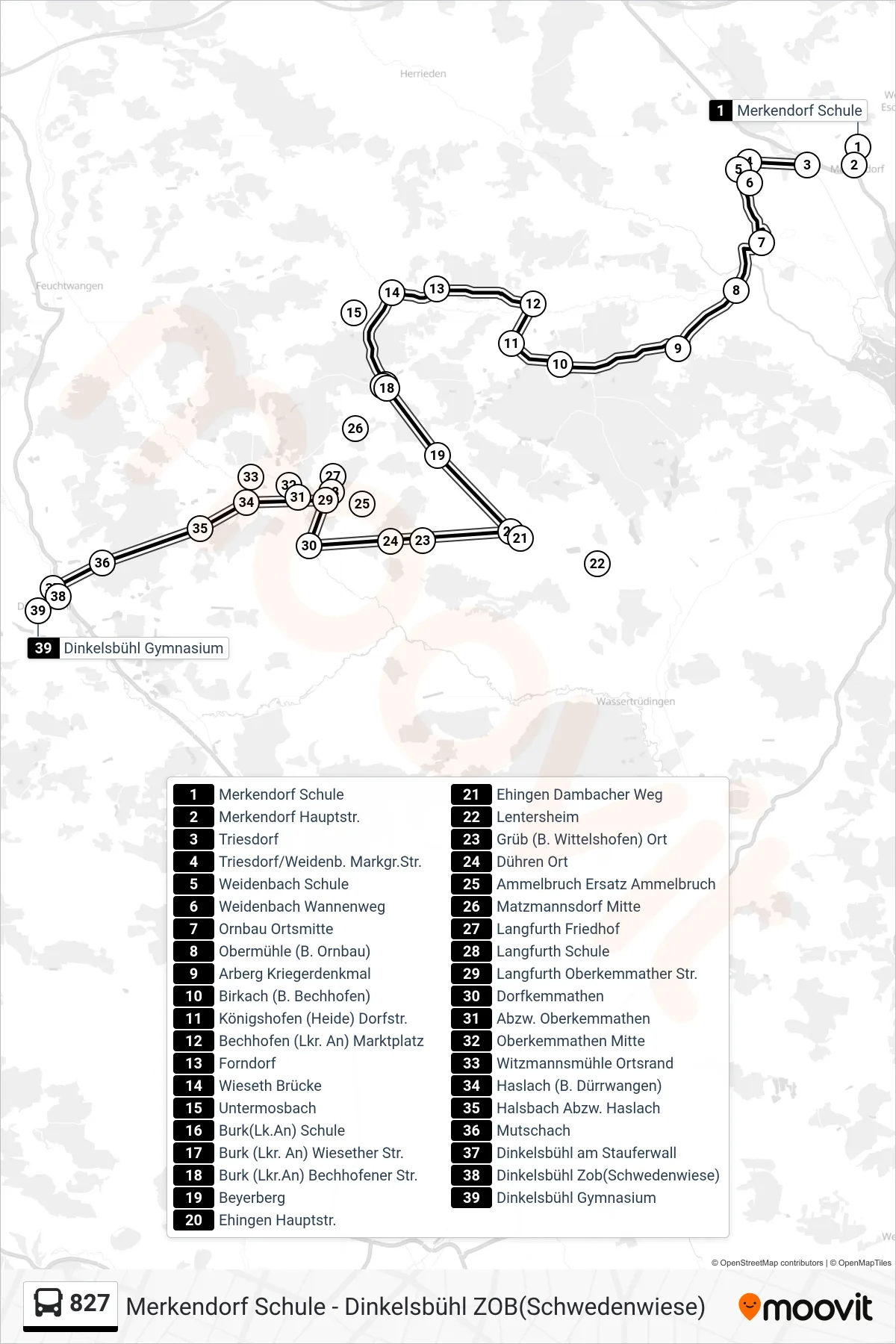 827 bus Line (Dinkelsbühl) route and stops on a map