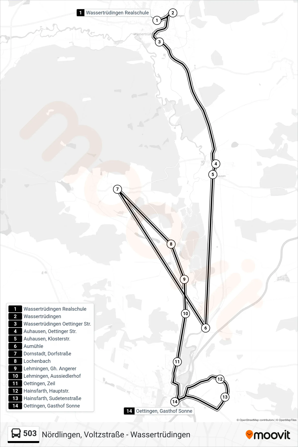 Linie 503 (Bus) Richtung Oettingen, Gasthof Sonne: Route und Haltestellen auf der Karte