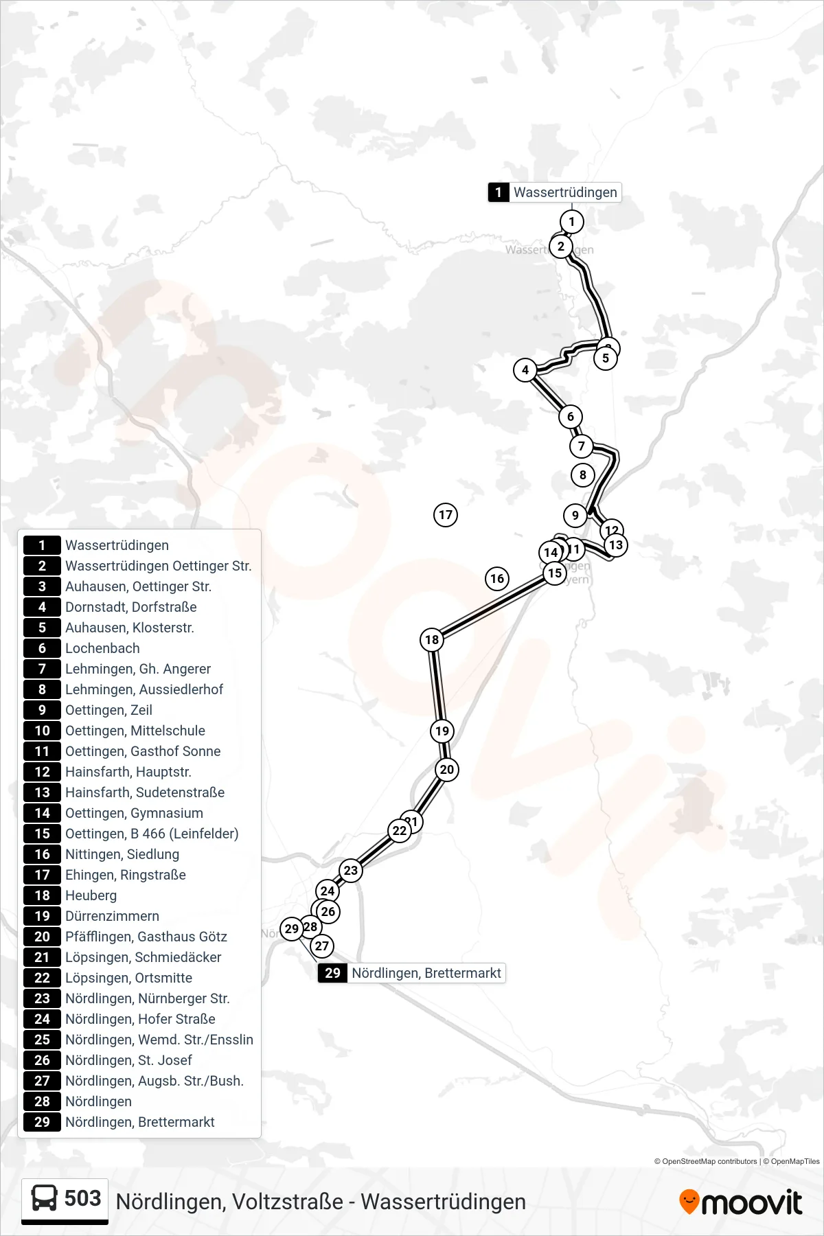 503 bus Line (Nördlingen, Brettermarkt) route and stops on a map