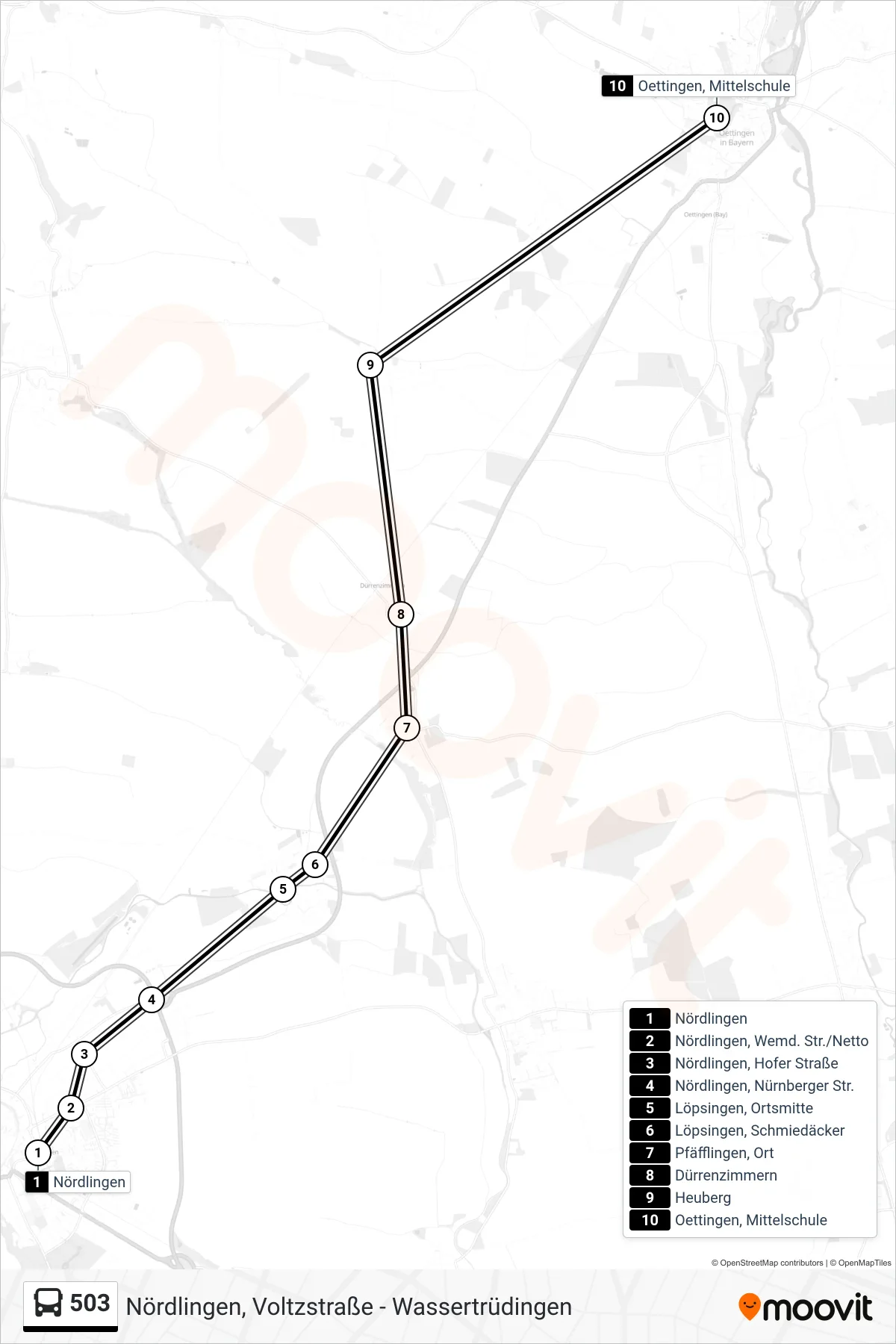 503 bus Line (Oettingen, Mittelschule) route and stops on a map