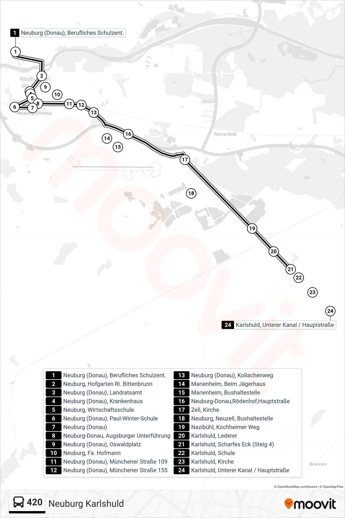 420 bus Line (Neuburg Karlshuld) route and stops on a map
