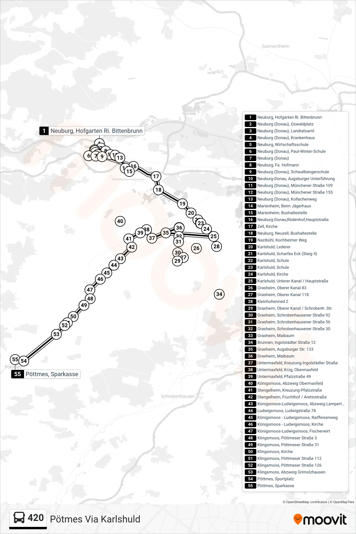 420 bus Line (Pötmes Via Karlshuld) route and stops on a map