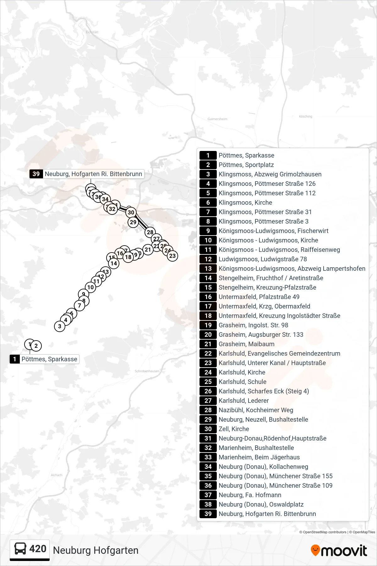 Linie 420 (Bus) Richtung Neuburg Hofgarten: Route und Haltestellen auf der Karte