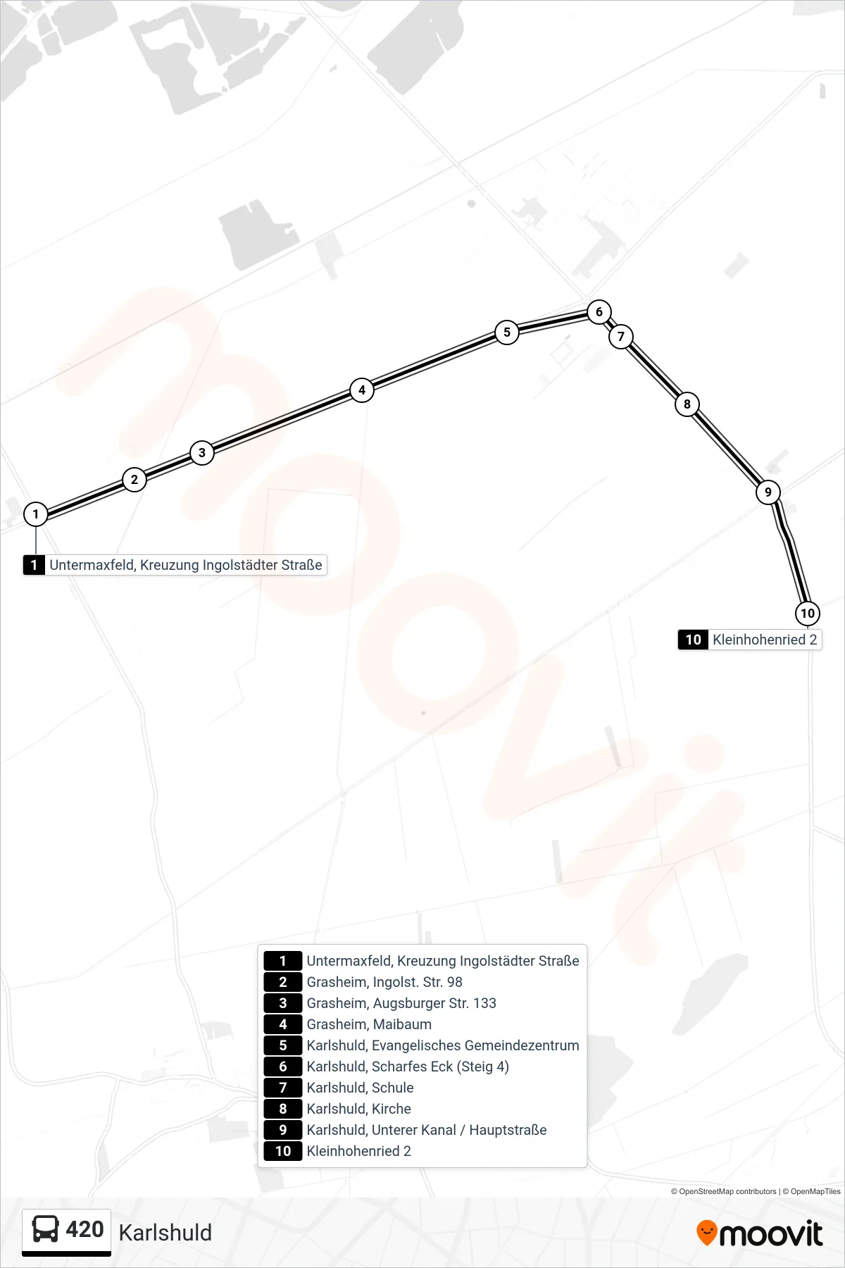 420 bus Line (Karlshuld) route and stops on a map