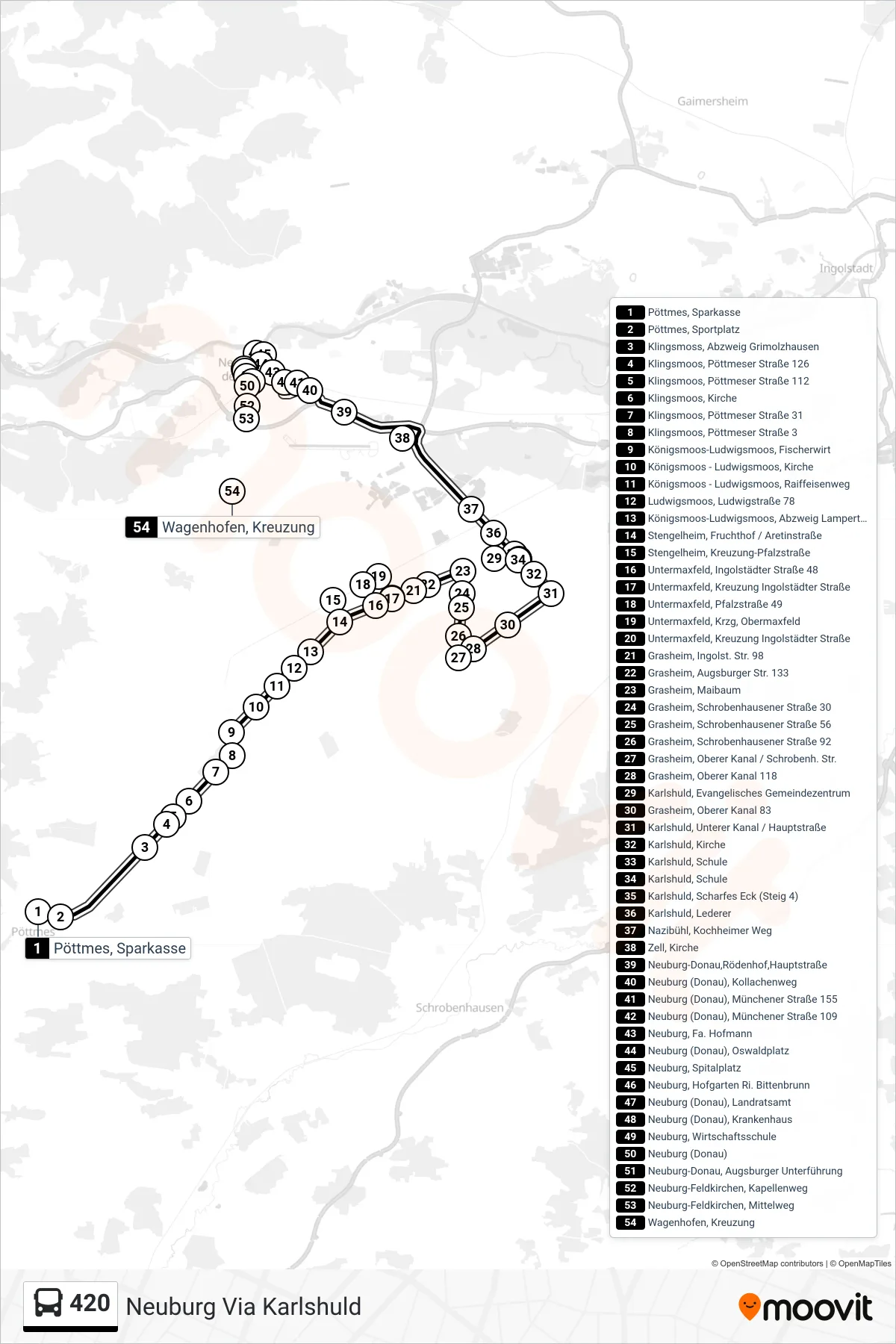 420 bus Line (Neuburg Via Karlshuld) route and stops on a map