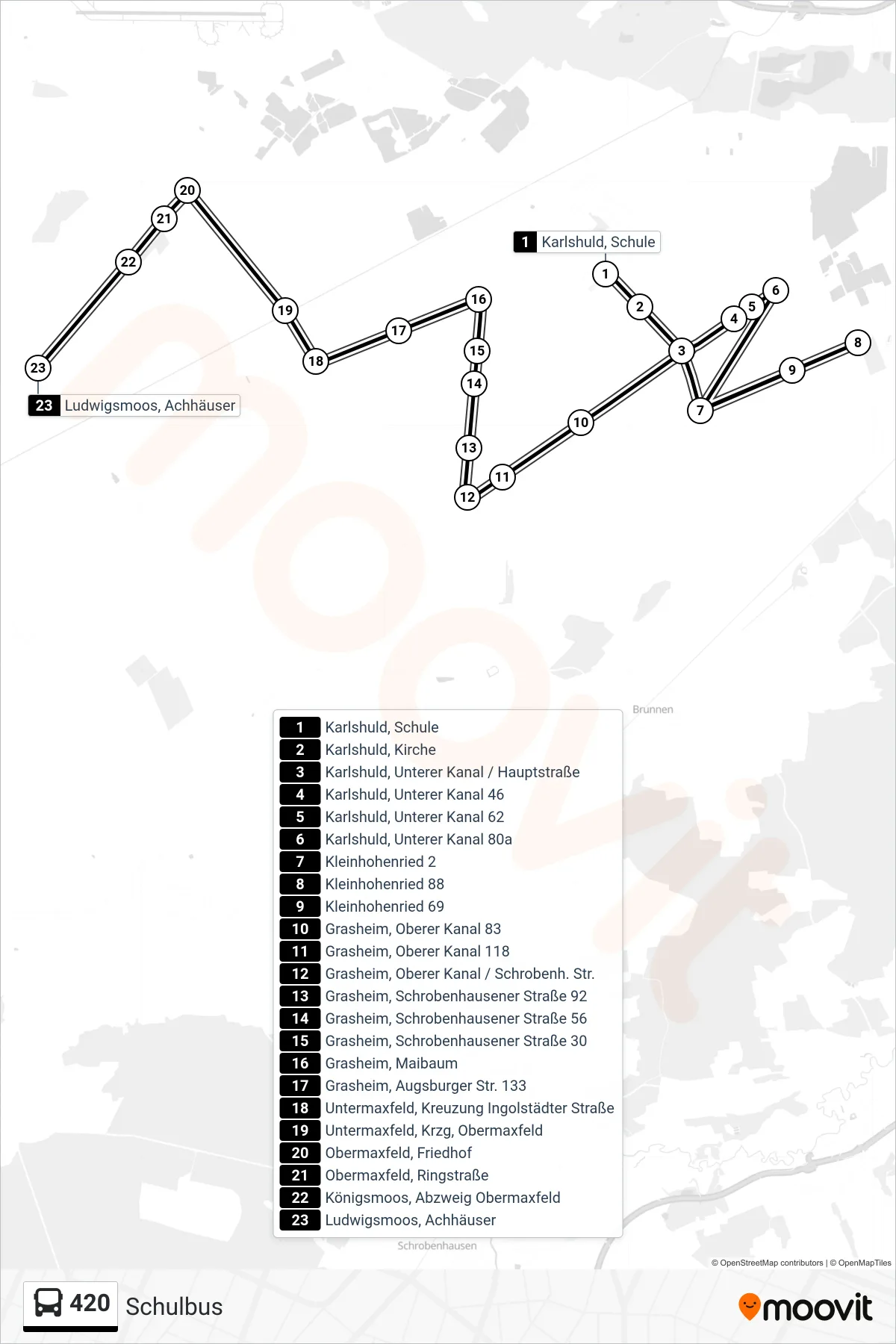 420 bus Line (Schulbus) route and stops on a map